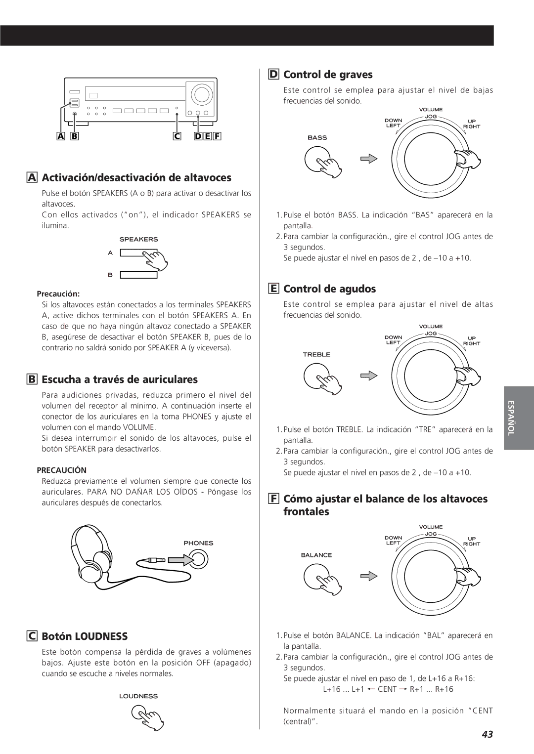 Teac AG-790 Activación/desactivación de altavoces, Escucha a través de auriculares, Botón Loudness, Control de graves 