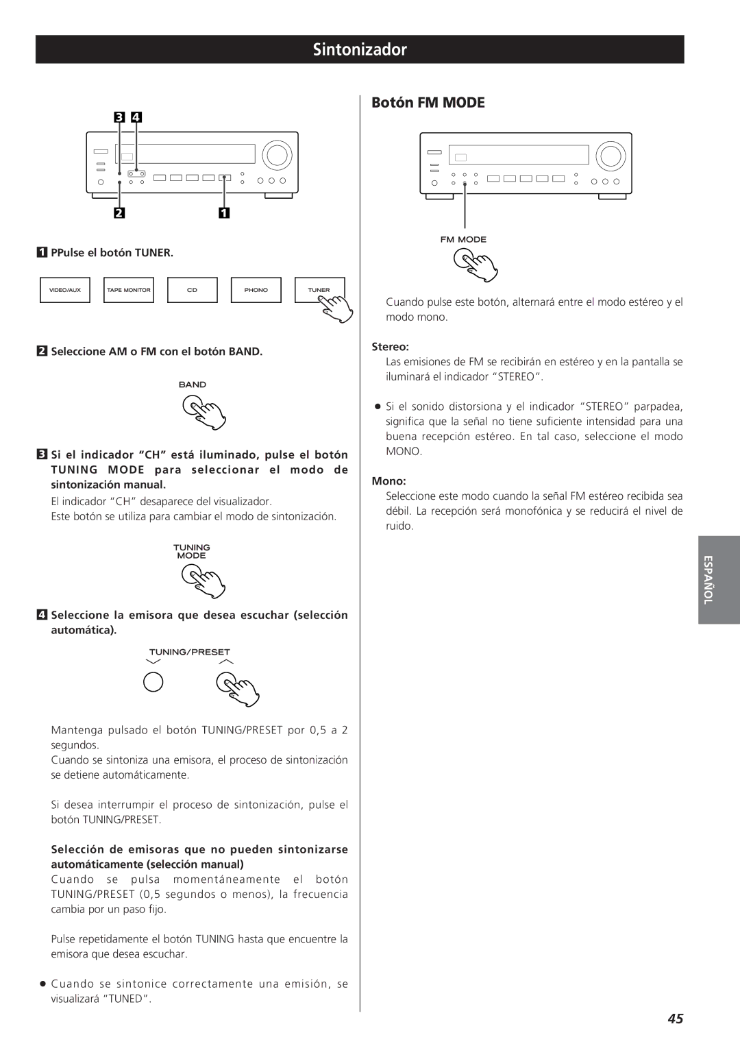 Teac AG-790 owner manual Sintonizador, Botón FM Mode 