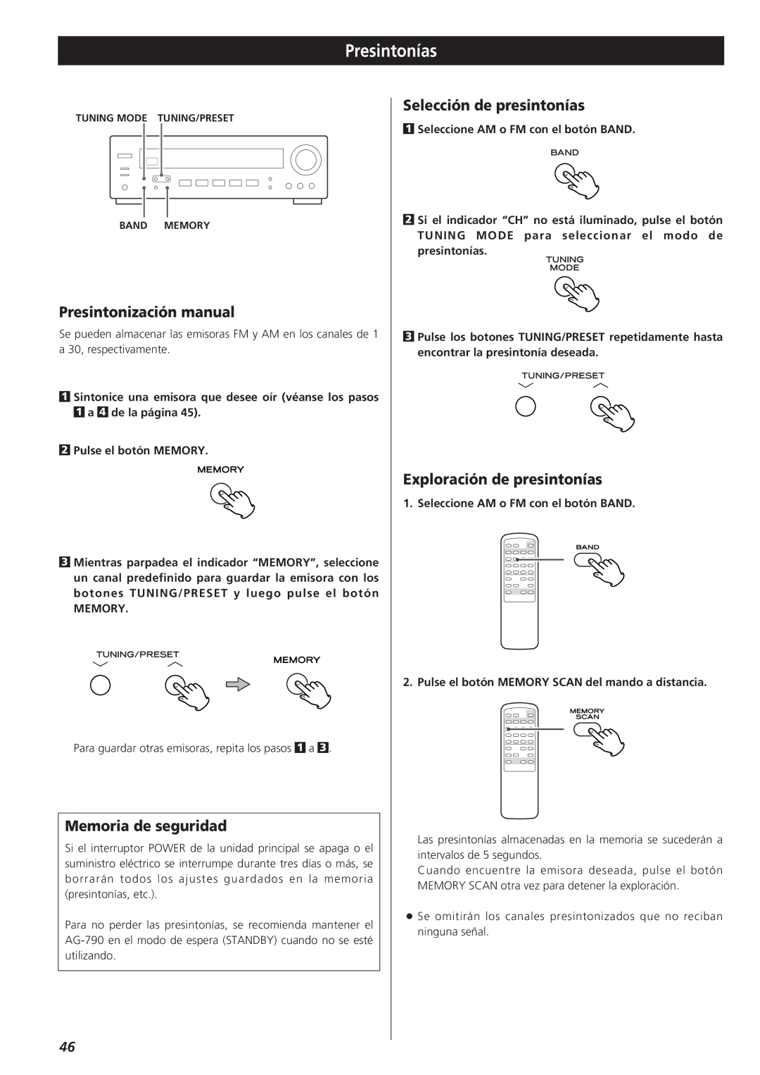 Teac AG-790 owner manual Presintonías, Presintonización manual, Memoria de seguridad, Selección de presintonías 