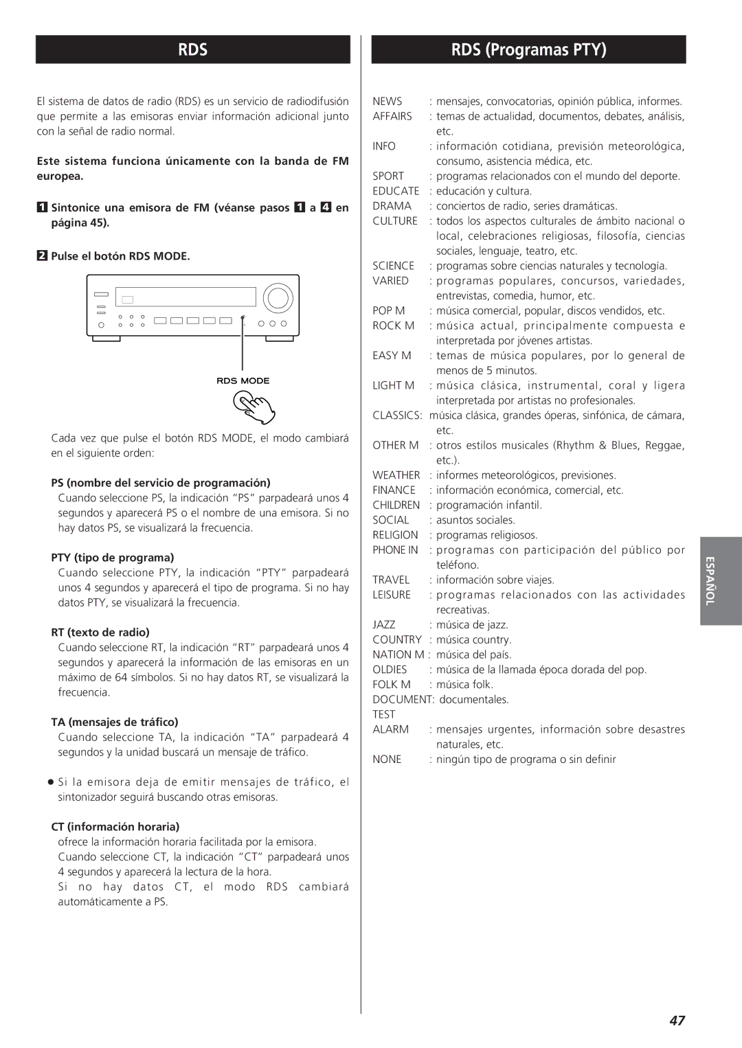 Teac AG-790 owner manual RDS Programas PTY 