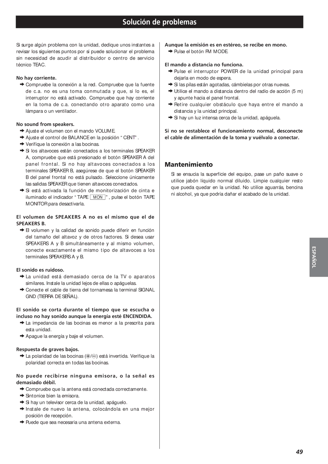 Teac AG-790 owner manual Solución de problemas, Mantenimiento, Speakers B 