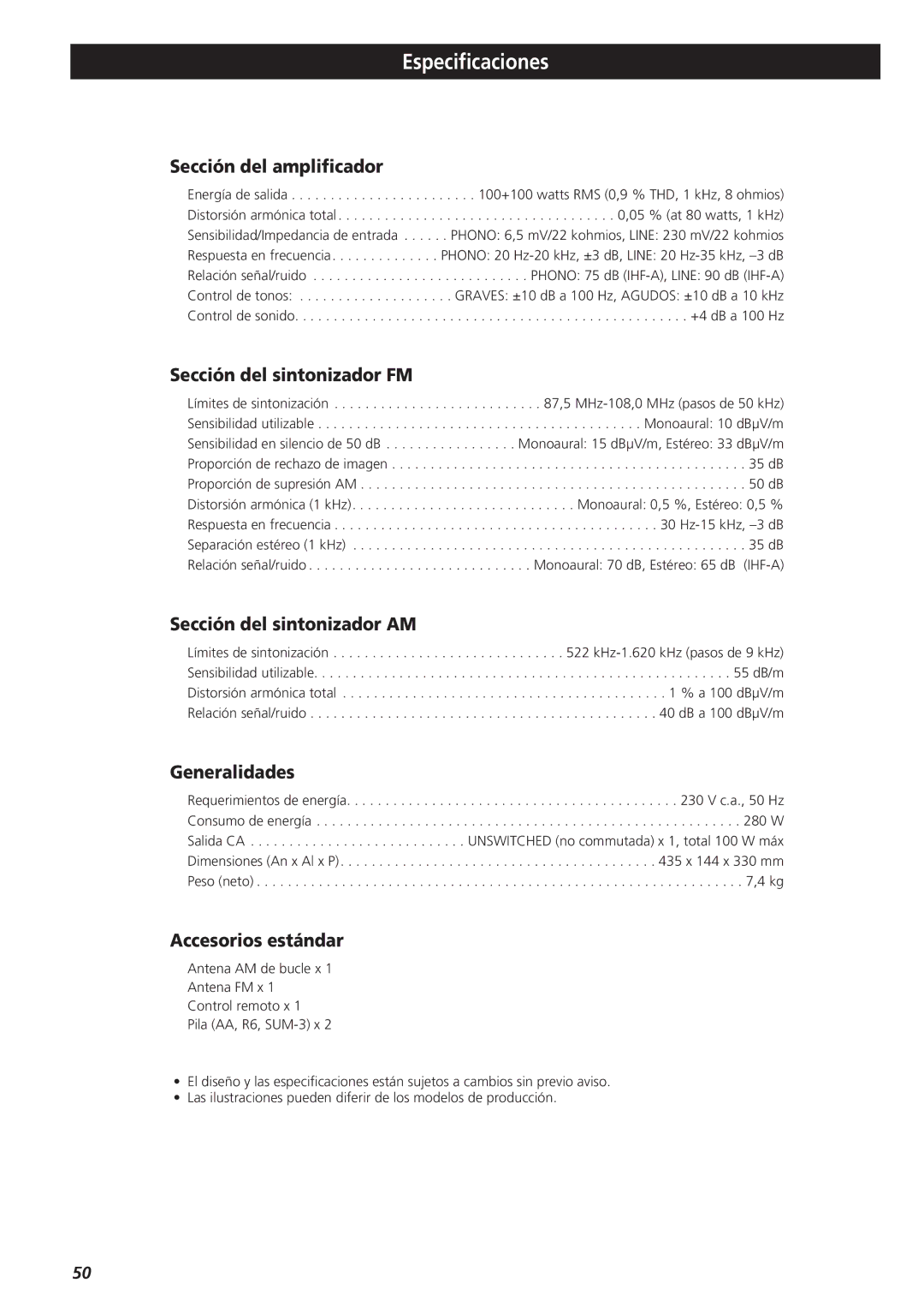 Teac AG-790 owner manual Especificaciones 