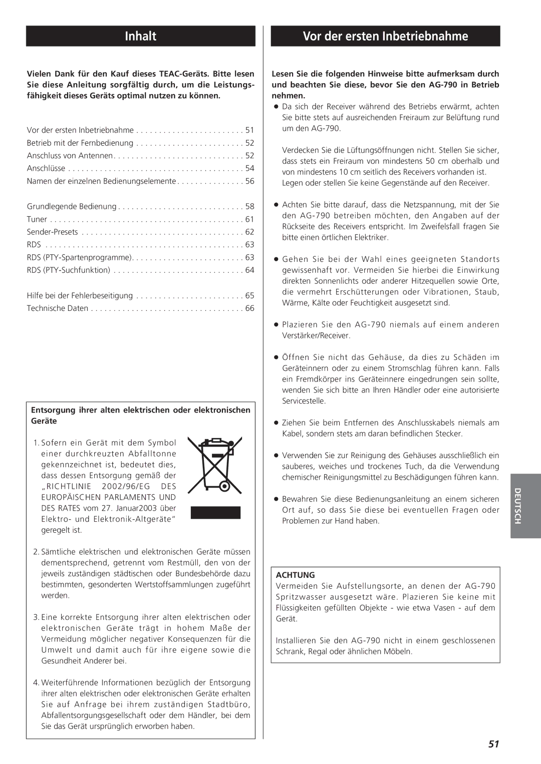 Teac AG-790 owner manual Inhalt, Vor der ersten Inbetriebnahme, Achtung 