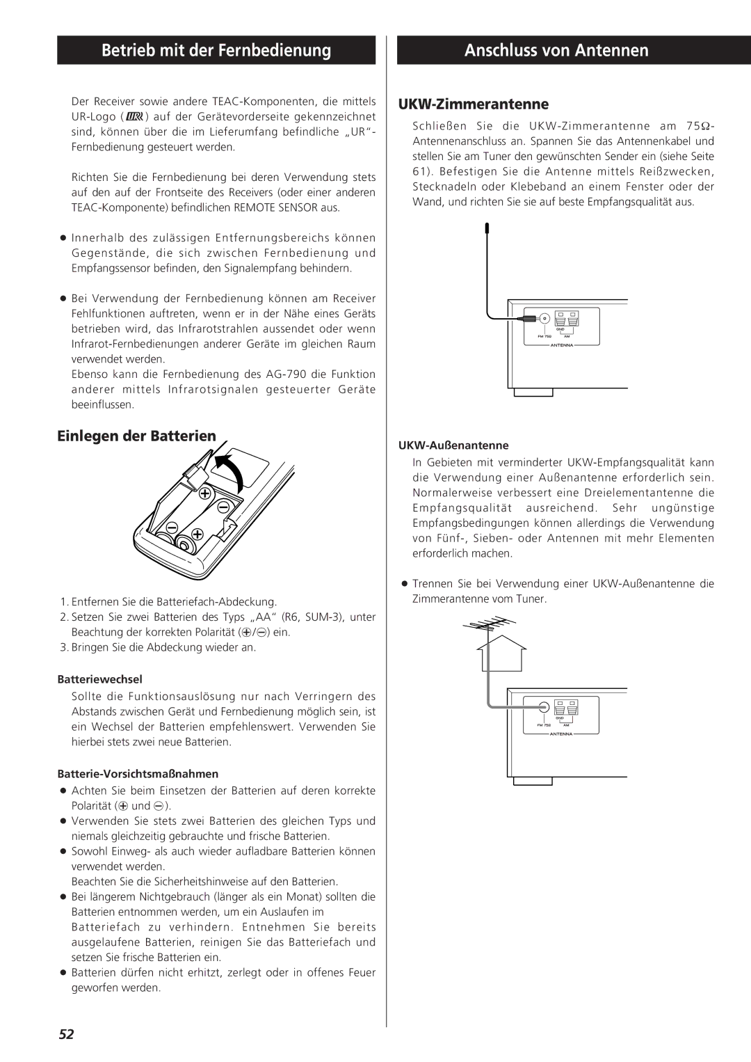 Teac AG-790 owner manual Betrieb mit der Fernbedienung, Anschluss von Antennen, Einlegen der Batterien, UKW-Zimmerantenne 