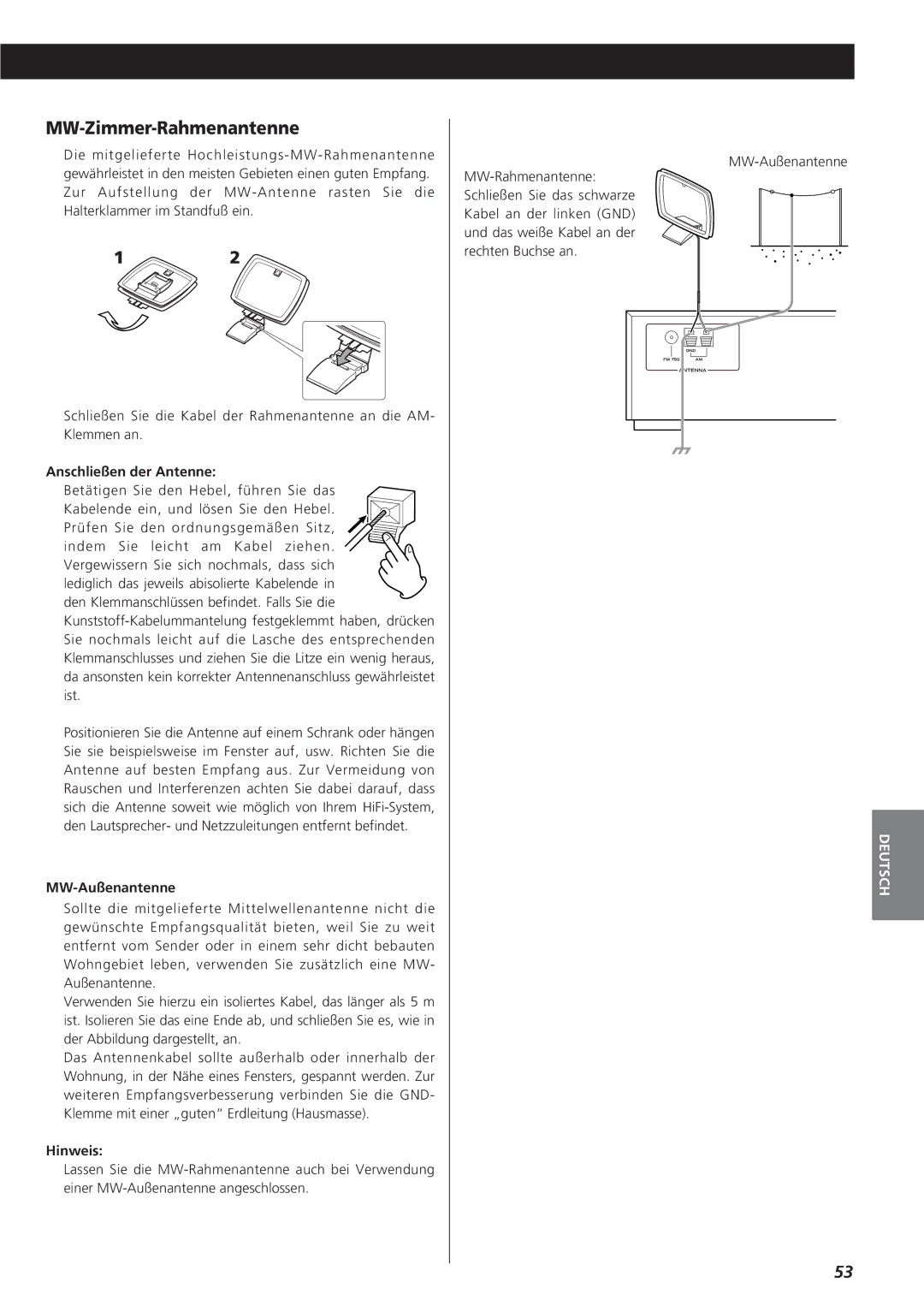 Teac AG-790 owner manual MW-Zimmer-Rahmenantenne, Anschließen der Antenne, MW-Außenantenne, Hinweis 