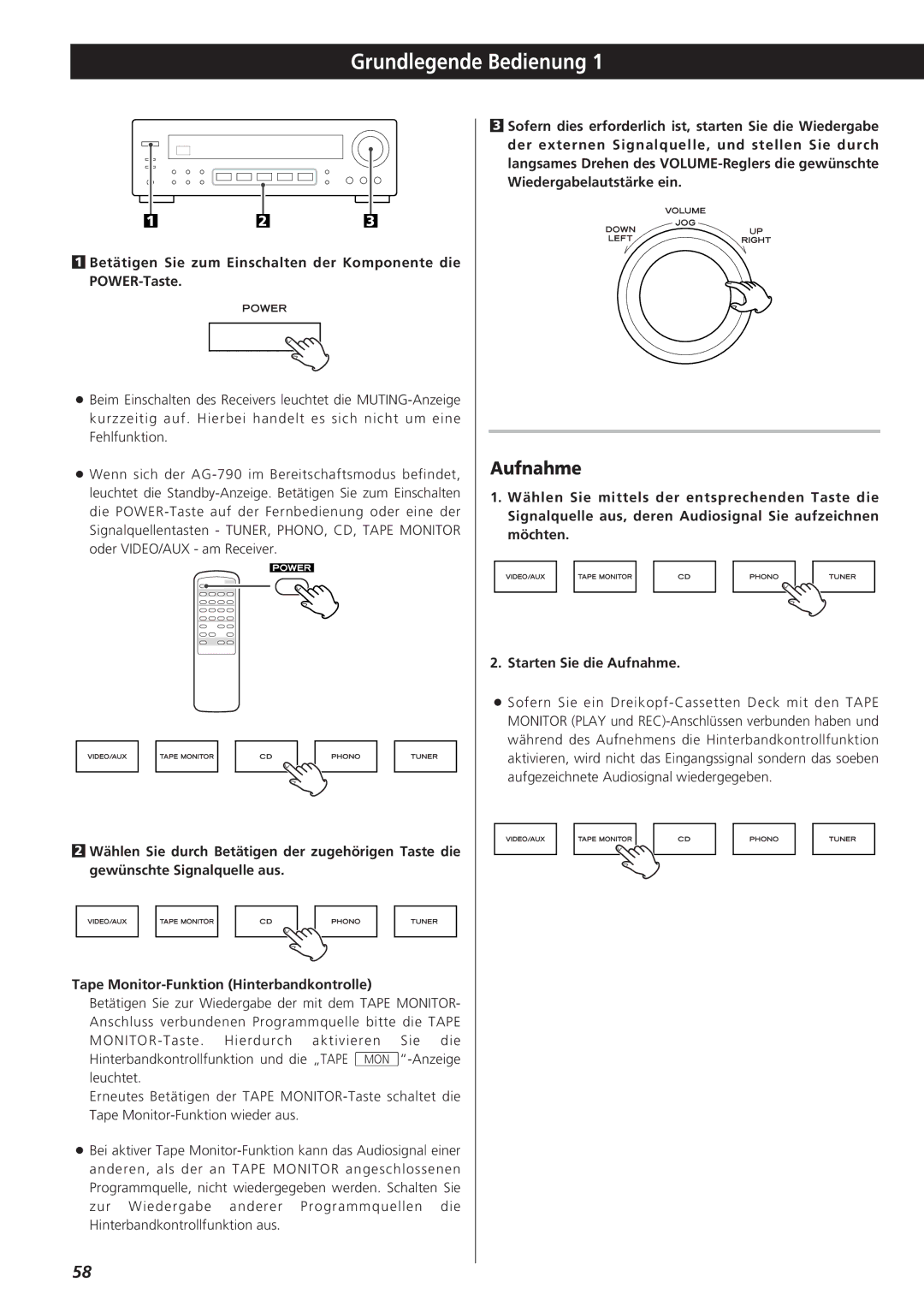 Teac AG-790 owner manual Grundlegende Bedienung, Aufnahme 