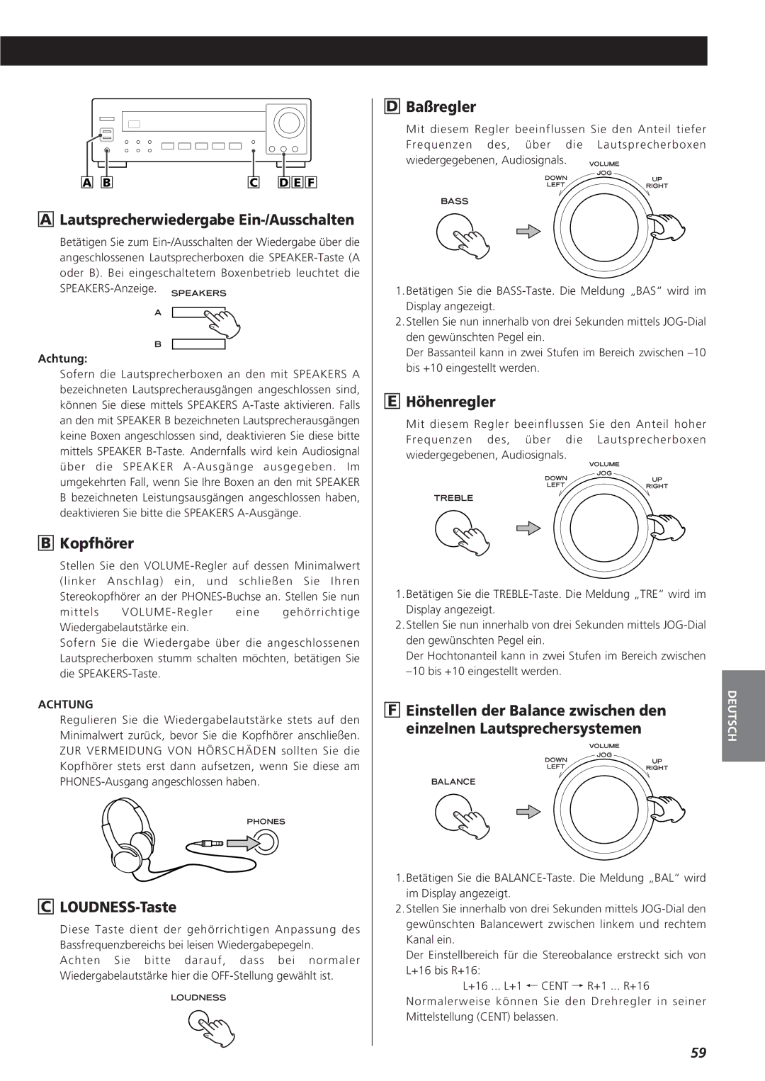 Teac AG-790 owner manual Lautsprecherwiedergabe Ein-/Ausschalten, Kopfhörer, LOUDNESS-Taste, Baßregler, Höhenregler 