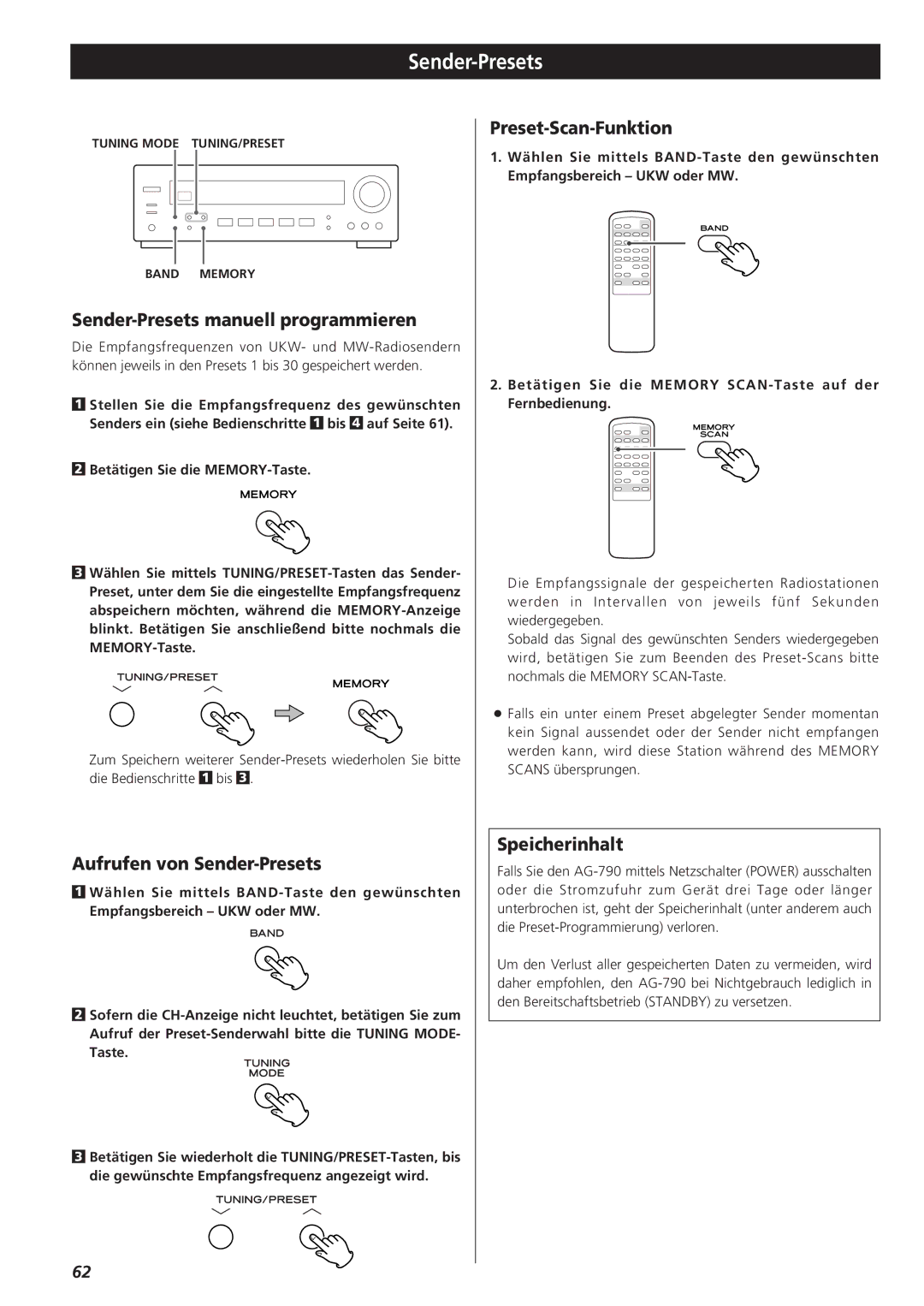 Teac AG-790 Sender-Presets manuell programmieren, Aufrufen von Sender-Presets, Preset-Scan-Funktion, Speicherinhalt 