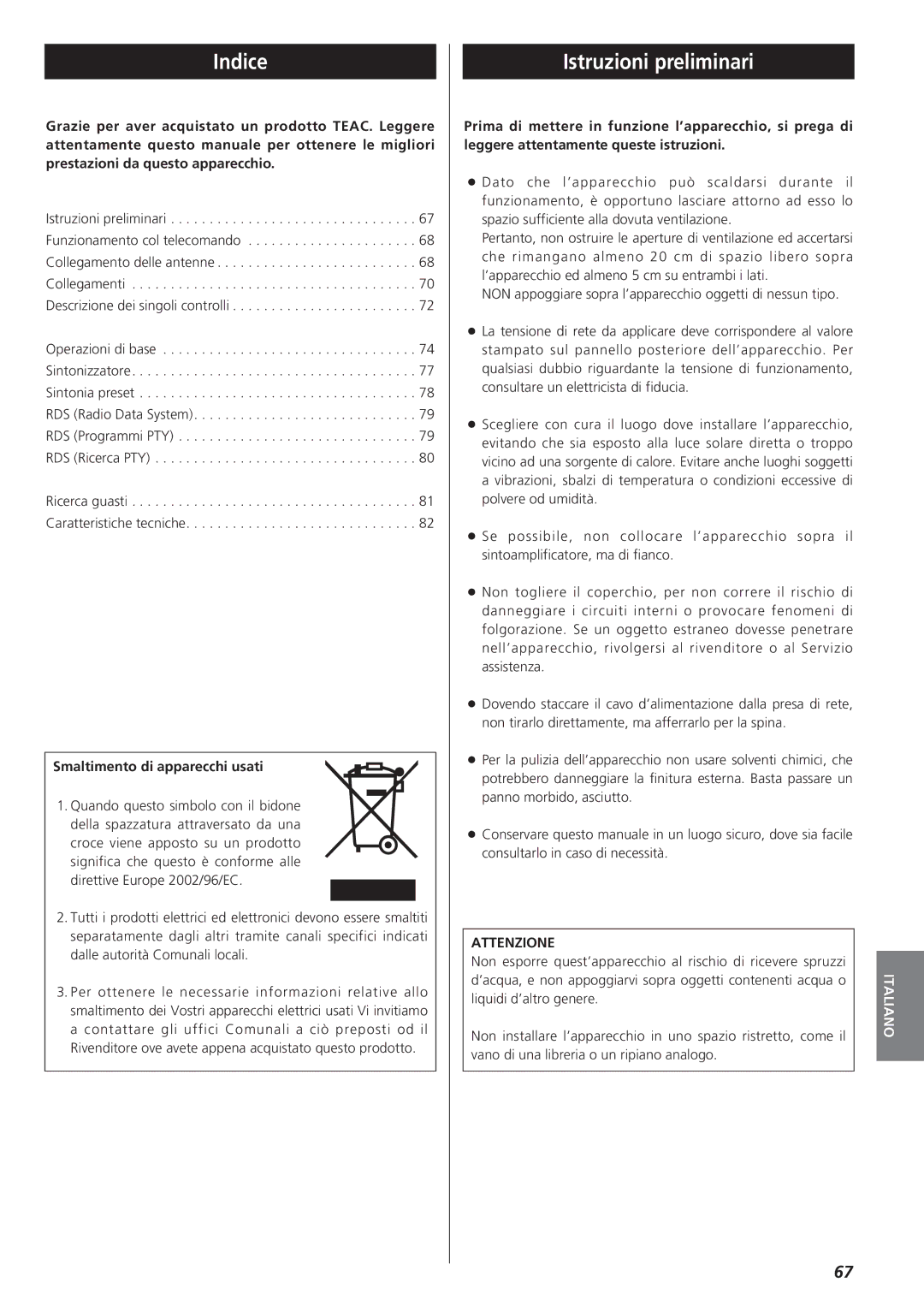 Teac AG-790 owner manual Istruzioni preliminari, Smaltimento di apparecchi usati, Attenzione 