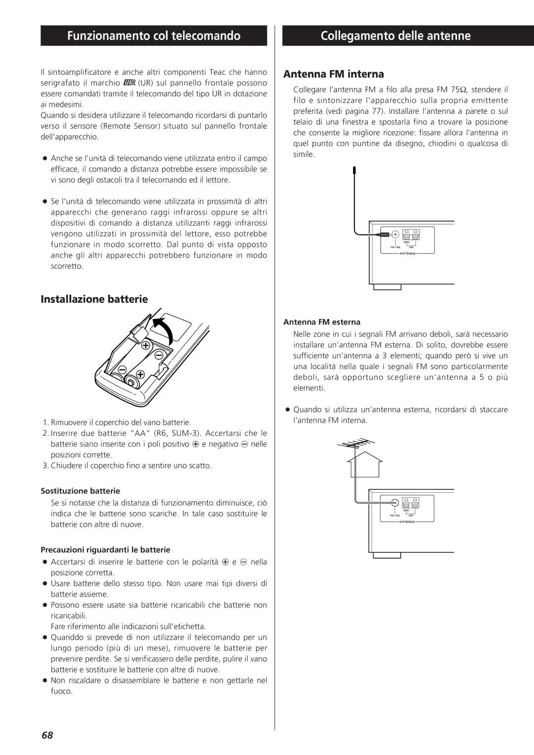 Teac AG-790 Funzionamento col telecomando, Collegamento delle antenne, Installazione batterie, Antenna FM interna 