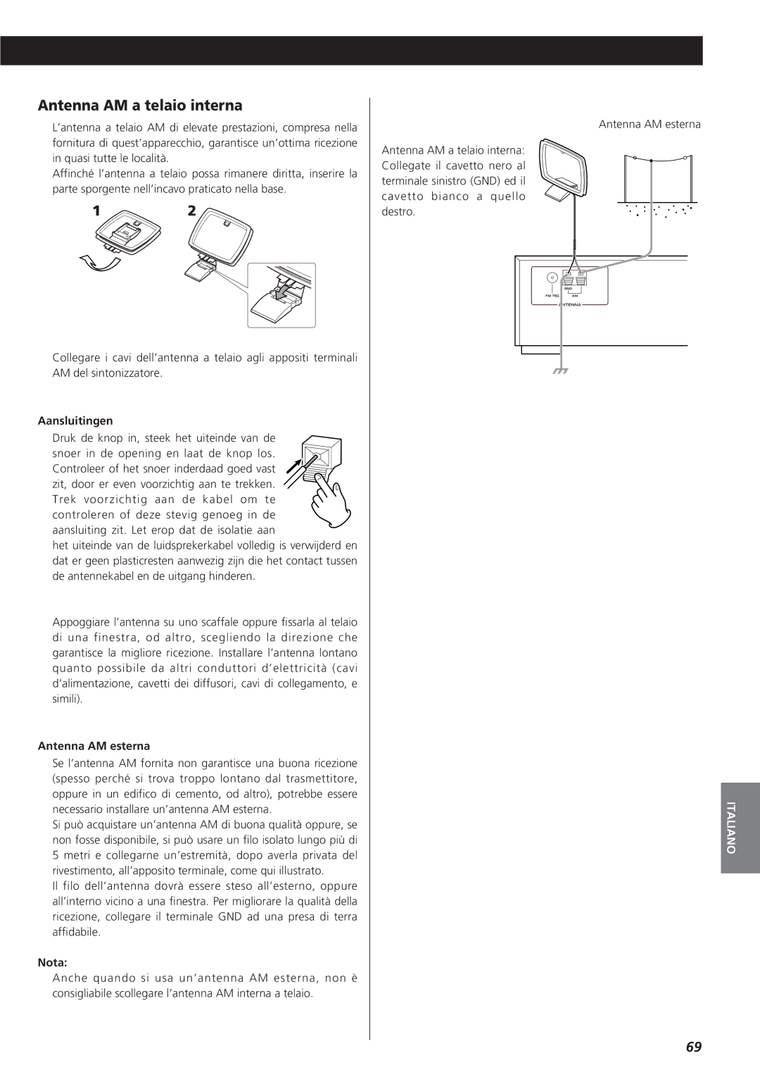 Teac AG-790 owner manual Antenna AM a telaio interna, Aansluitingen, Antenna AM esterna 