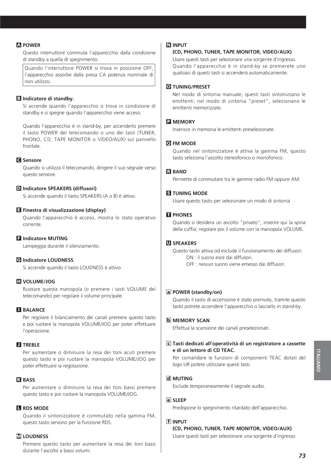 Teac AG-790 owner manual Indicatore di standby, Sensore, Indicatore Speakers diffusori, Finestra di visualizzazione display 