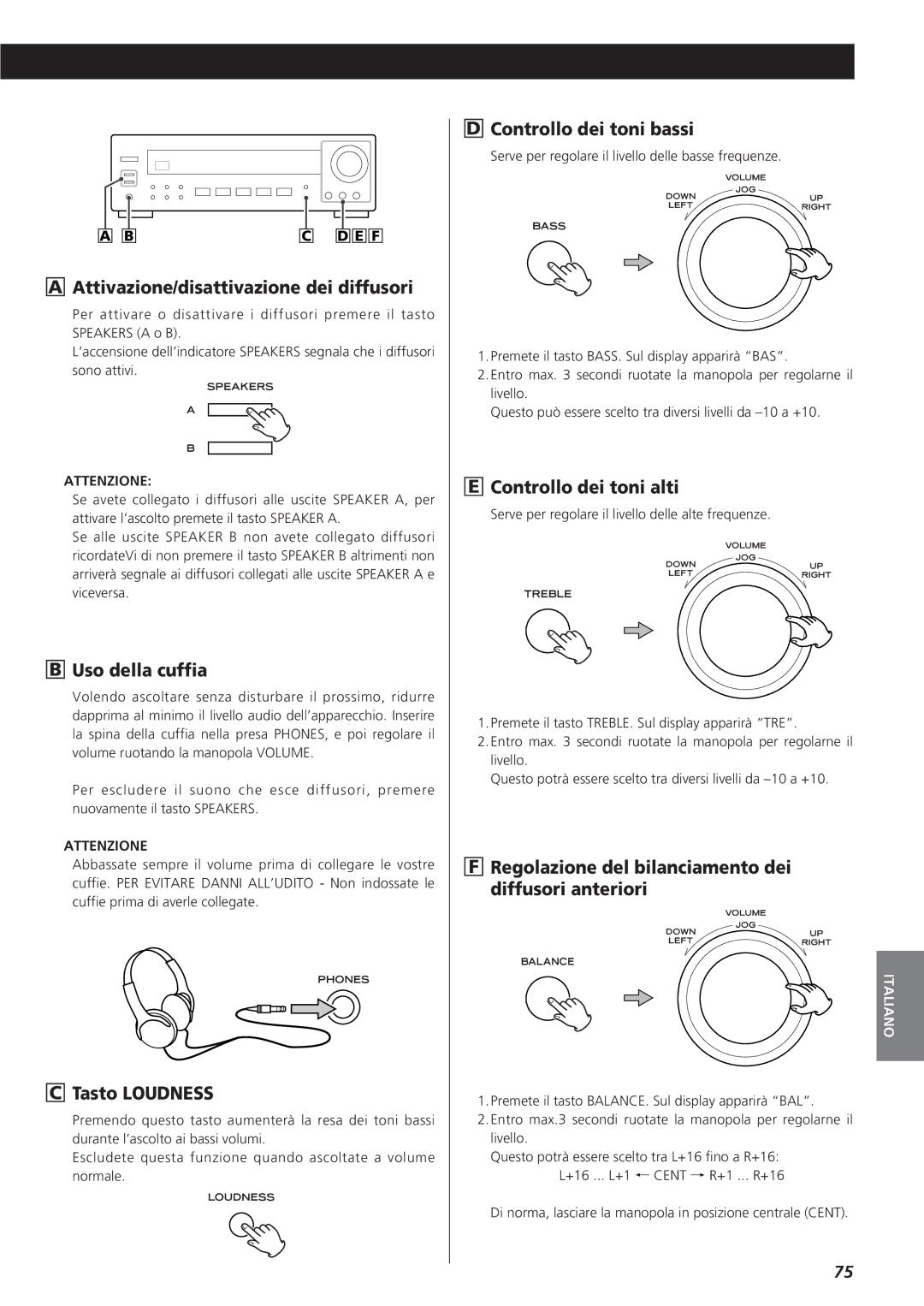 Teac AG-790 Attivazione/disattivazione dei diffusori, Uso della cuffia, Tasto Loudness, Controllo dei toni bassi 