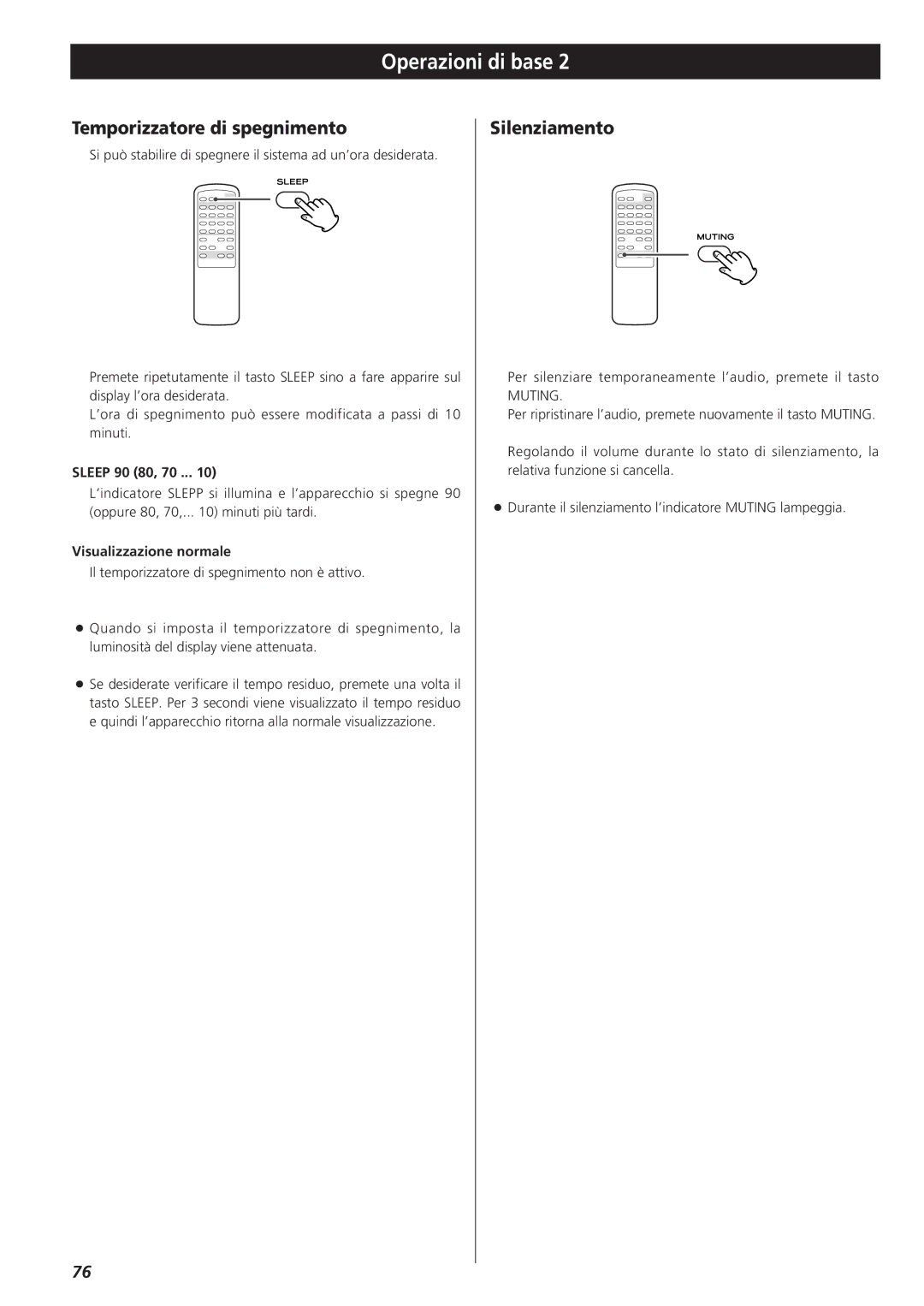 Teac AG-790 owner manual Temporizzatore di spegnimento, Silenziamento, Sleep 90 80, 70, Visualizzazione normale 