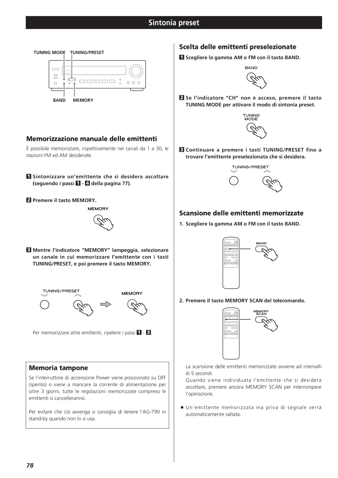 Teac AG-790 owner manual Sintonia preset, Memorizzazione manuale delle emittenti, Memoria tampone 