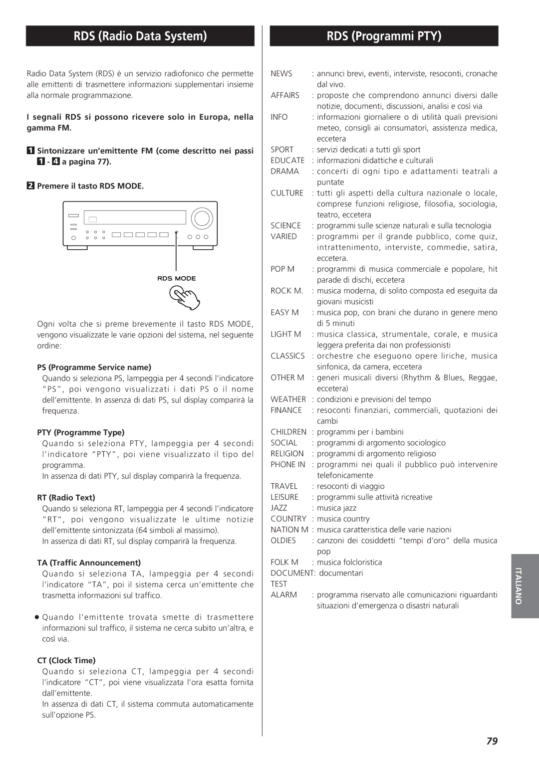 Teac AG-790 owner manual RDS Radio Data System, RDS Programmi PTY 