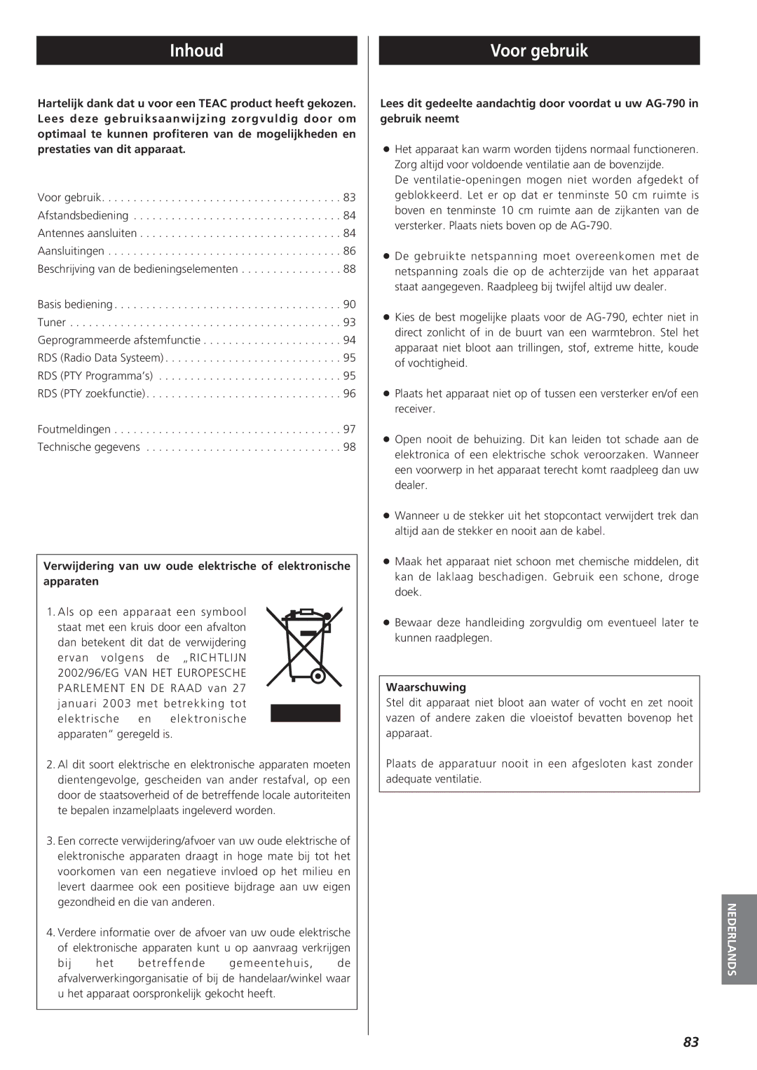 Teac AG-790 owner manual Inhoud, Voor gebruik, Waarschuwing 