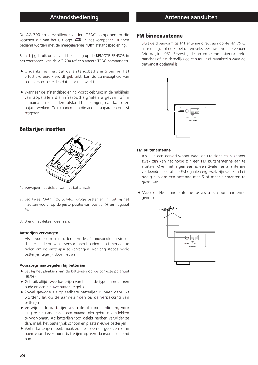 Teac AG-790 owner manual Afstandsbediening, Antennes aansluiten, Batterijen inzetten, FM binnenantenne 