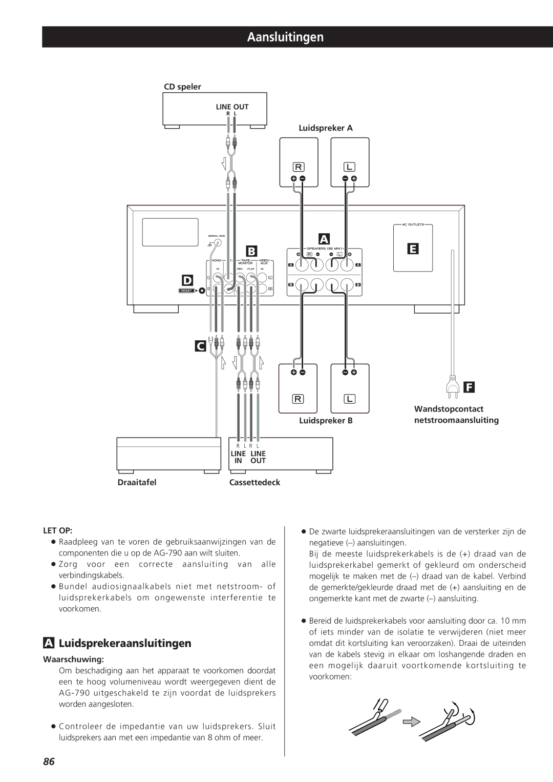 Teac AG-790 owner manual Aansluitingen, Luidsprekeraansluitingen, CD speler, DraaitafelCassettedeck, Let Op 