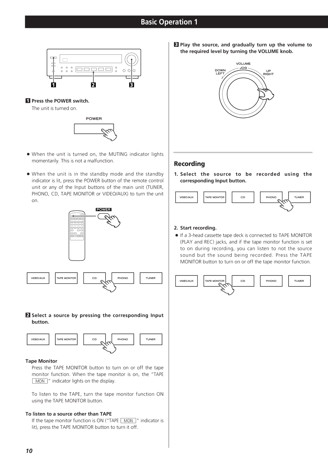 Teac AG-790 owner manual Basic Operation, Recording, To listen to a source other than Tape 