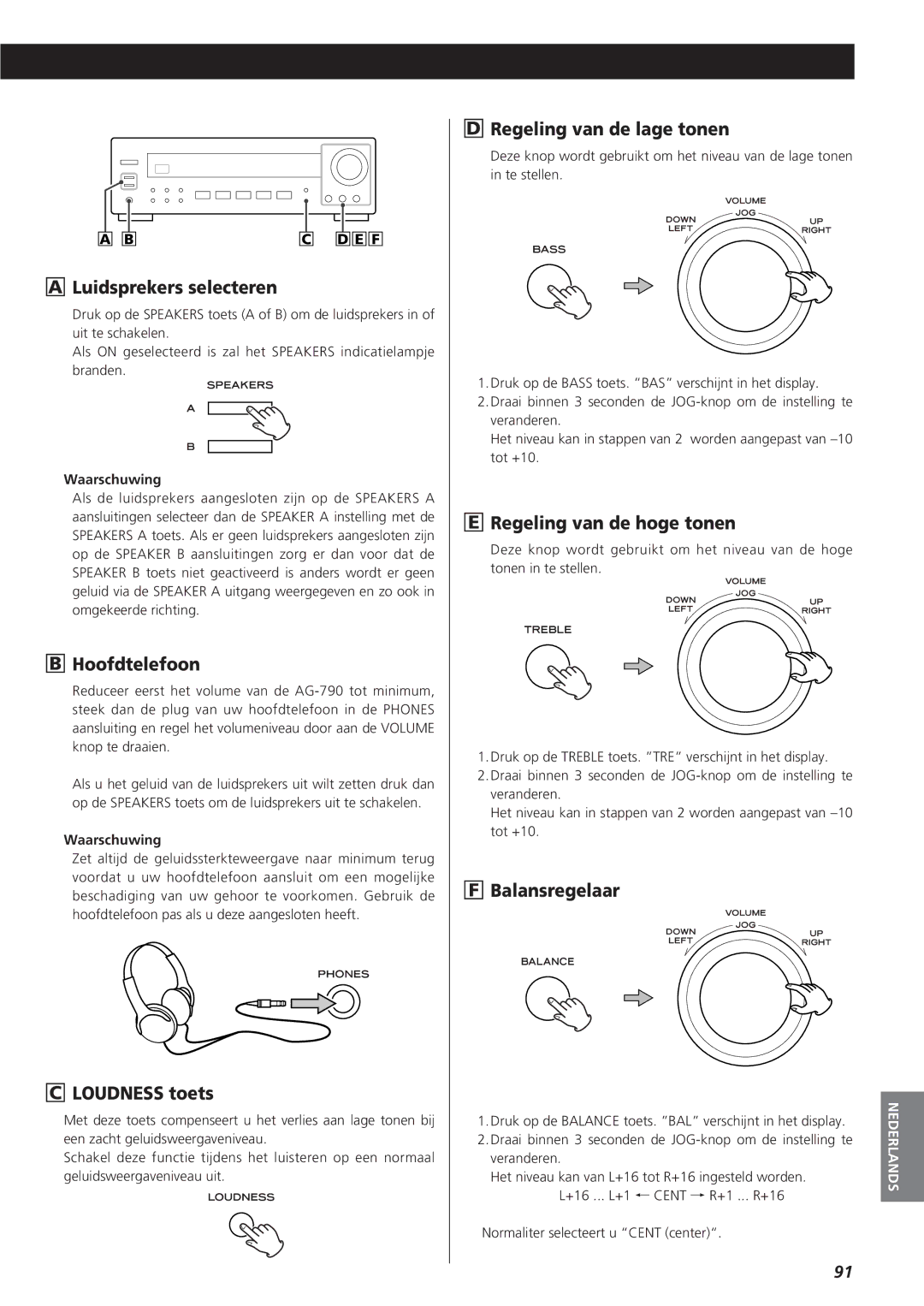 Teac AG-790 Luidsprekers selecteren, Hoofdtelefoon, Loudness toets, Regeling van de lage tonen, Regeling van de hoge tonen 