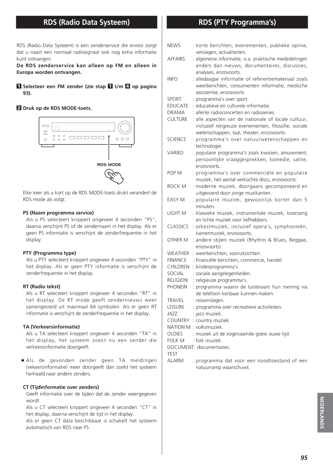 Teac AG-790 owner manual RDS Radio Data Systeem, RDS PTY Programma’s 