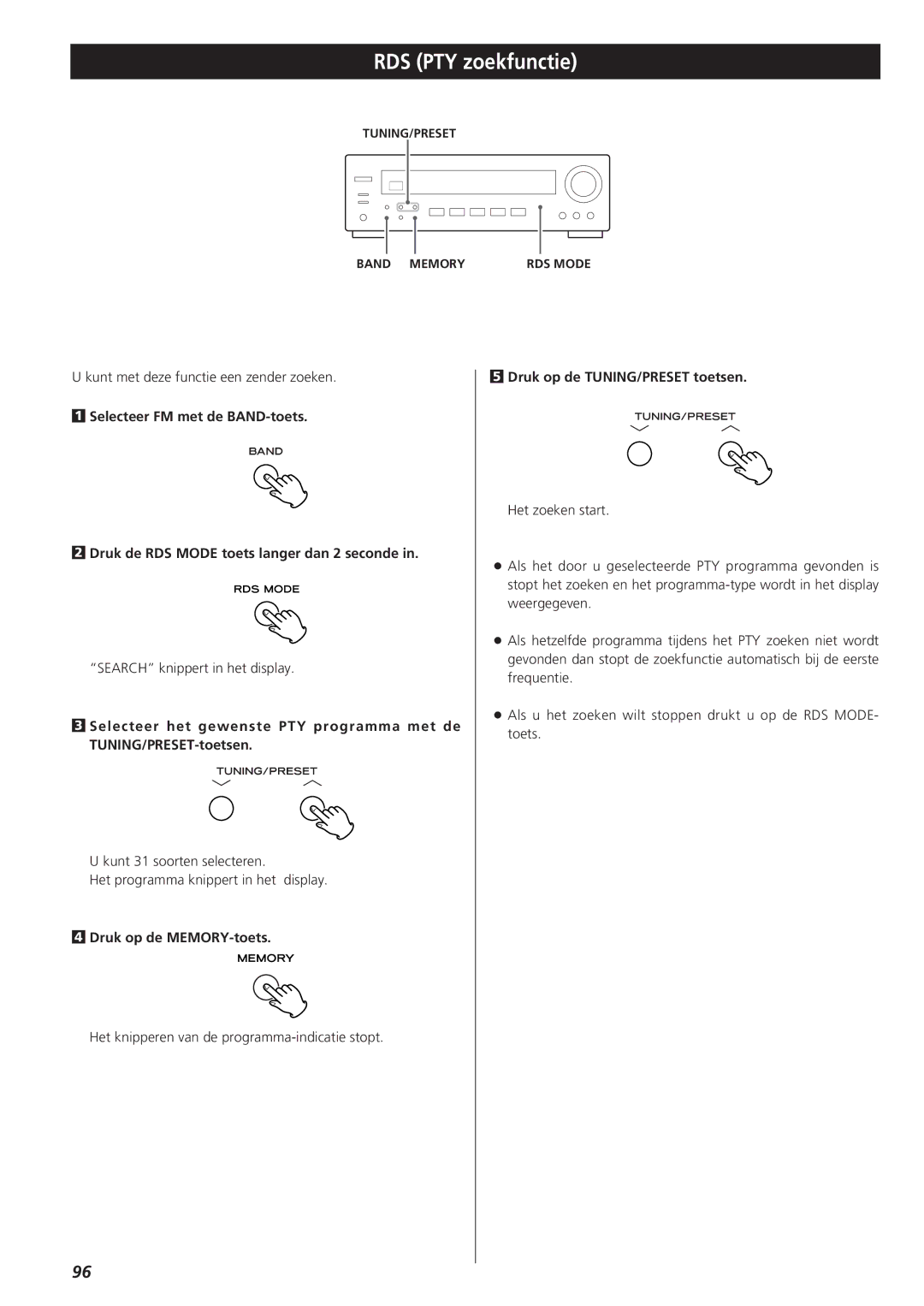 Teac AG-790 owner manual RDS PTY zoekfunctie, Druk op de MEMORY-toets, Druk op de TUNING/PRESET toetsen 