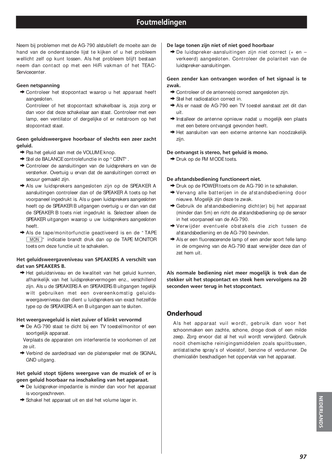 Teac AG-790 owner manual Foutmeldingen, Onderhoud 