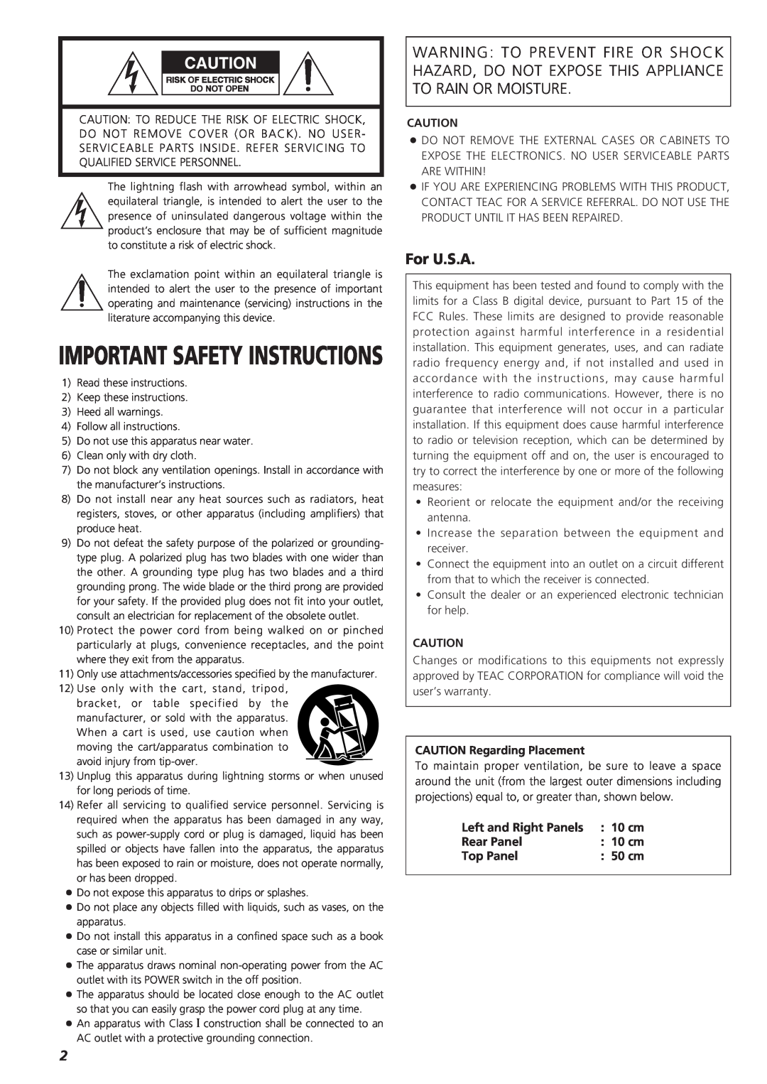 Teac AG-790 owner manual Important Safety Instructions, For U.S.A, 10 cm, Rear Panel, Top Panel 