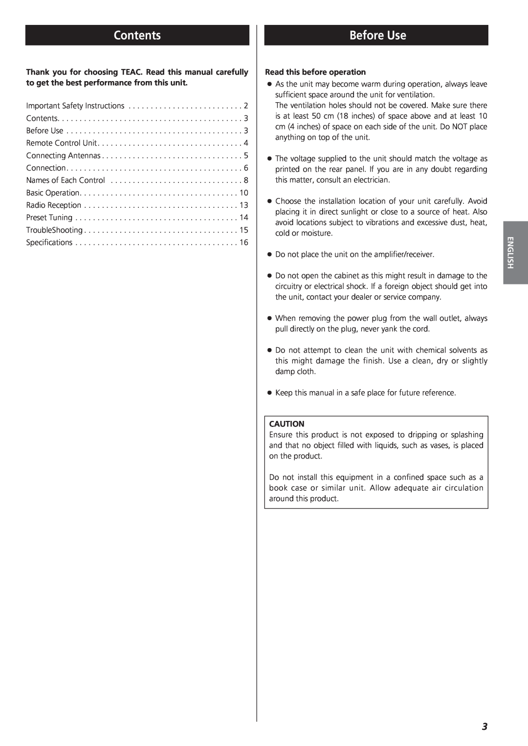 Teac AG-790 owner manual Contents, Before Use, Read this before operation, English 