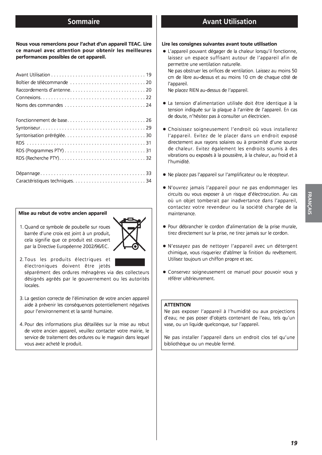 Teac AG-790 owner manual Sommaire, Avant Utilisation, Français 