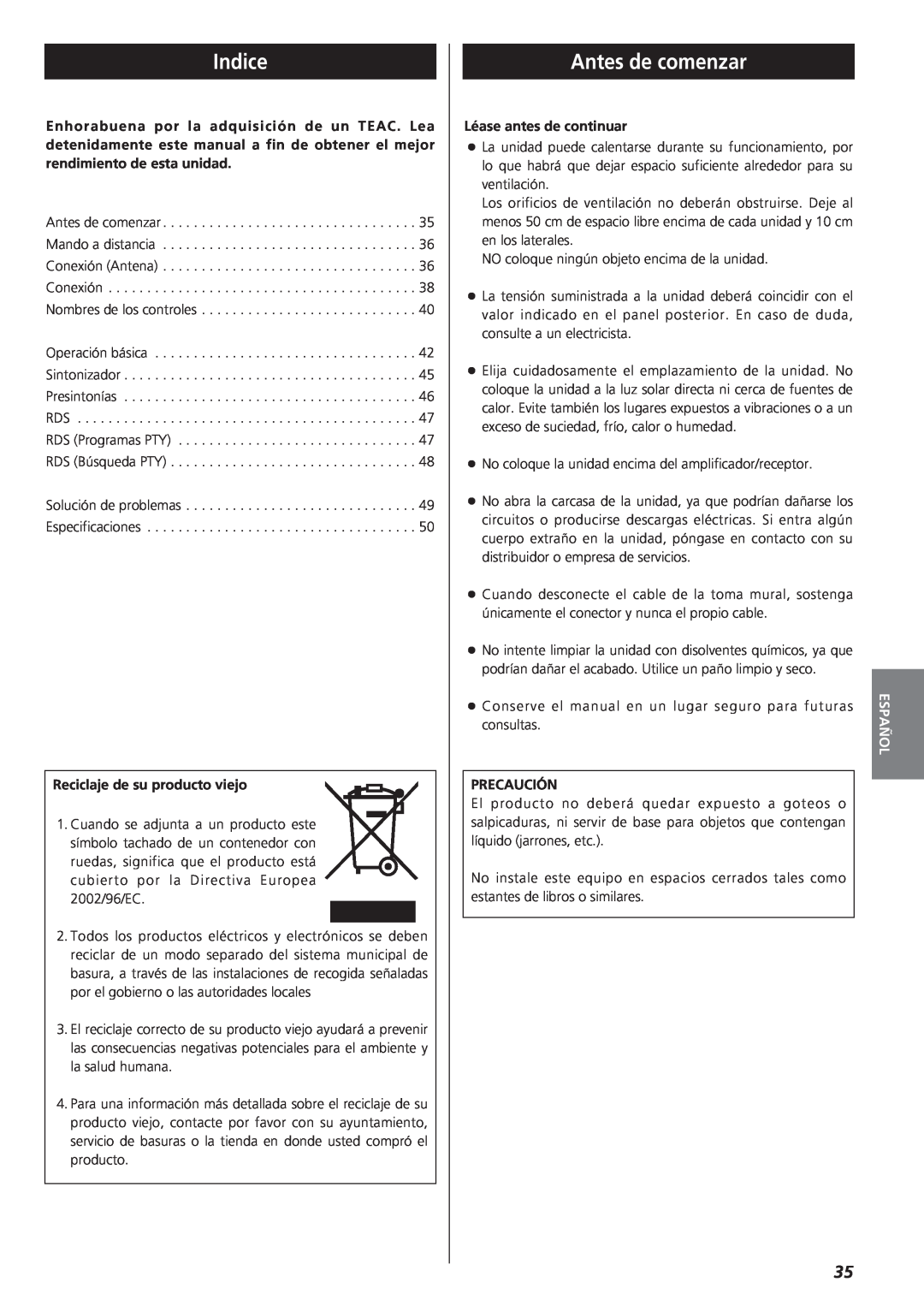 Teac AG-790 owner manual Indice, Antes de comenzar, Español 