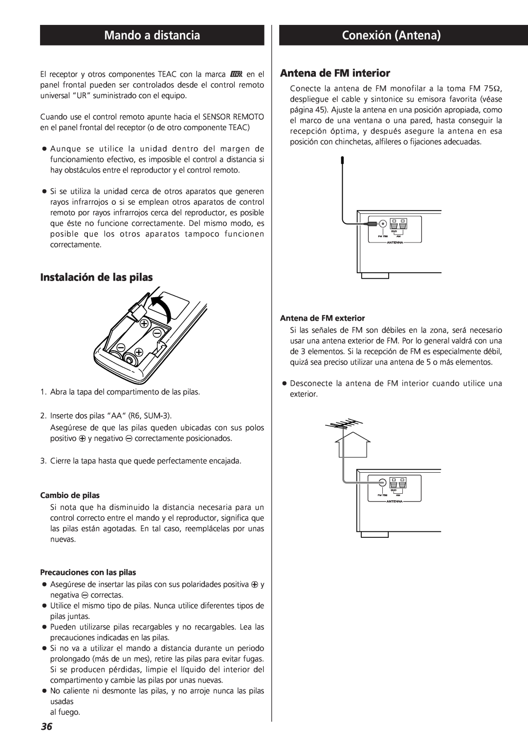 Teac AG-790 owner manual Mando a distancia, Conexión Antena, Instalación de las pilas, Antena de FM interior 