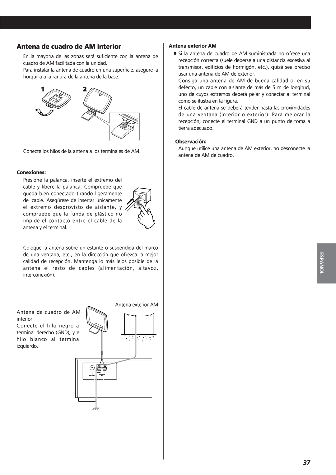 Teac AG-790 owner manual Antena de cuadro de AM interior, Conexiones, Antena exterior AM, Observación, Español 