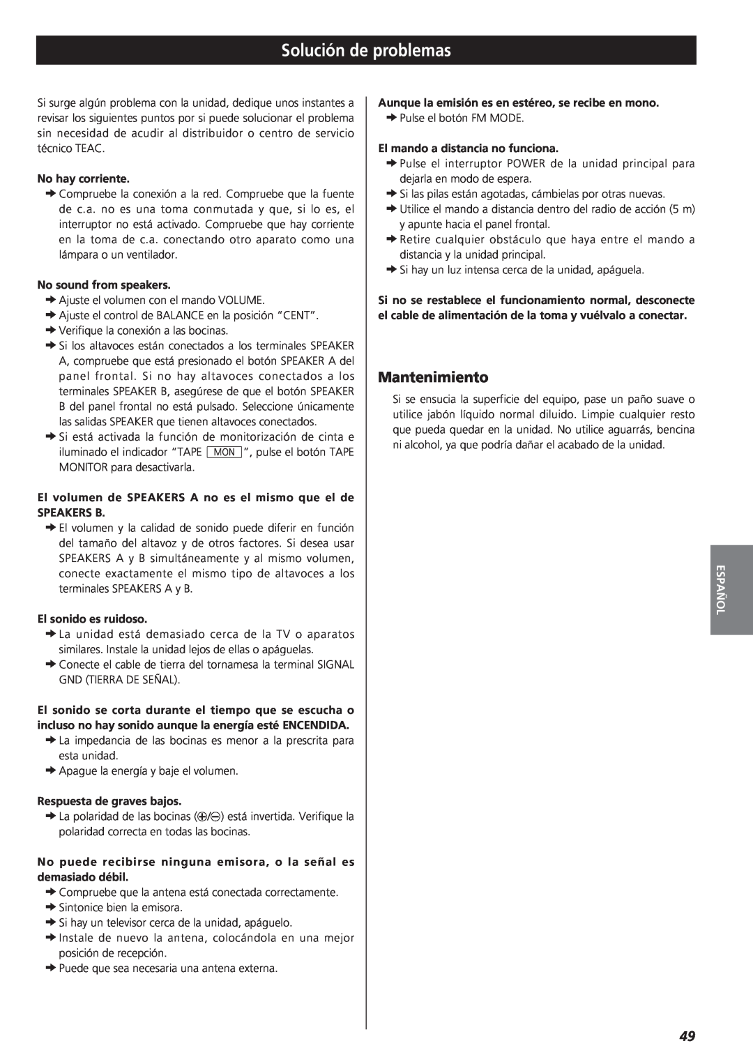 Teac AG-790 owner manual Solución de problemas, Mantenimiento, Español 