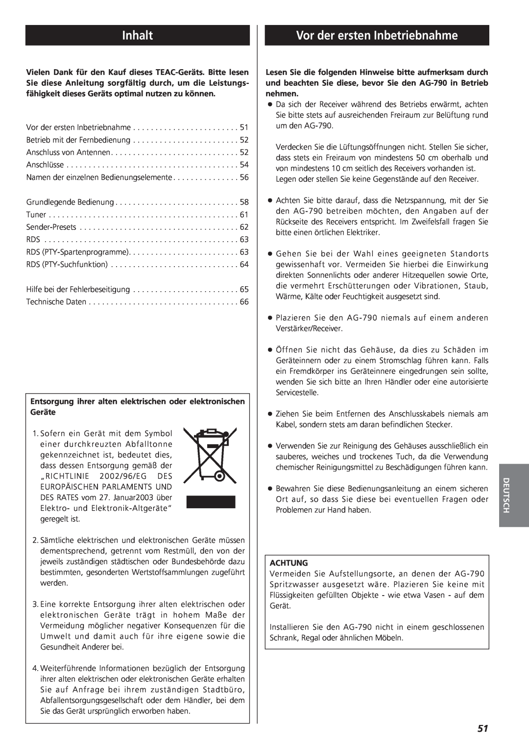 Teac AG-790 owner manual Inhalt, Vor der ersten Inbetriebnahme, Deutsch 