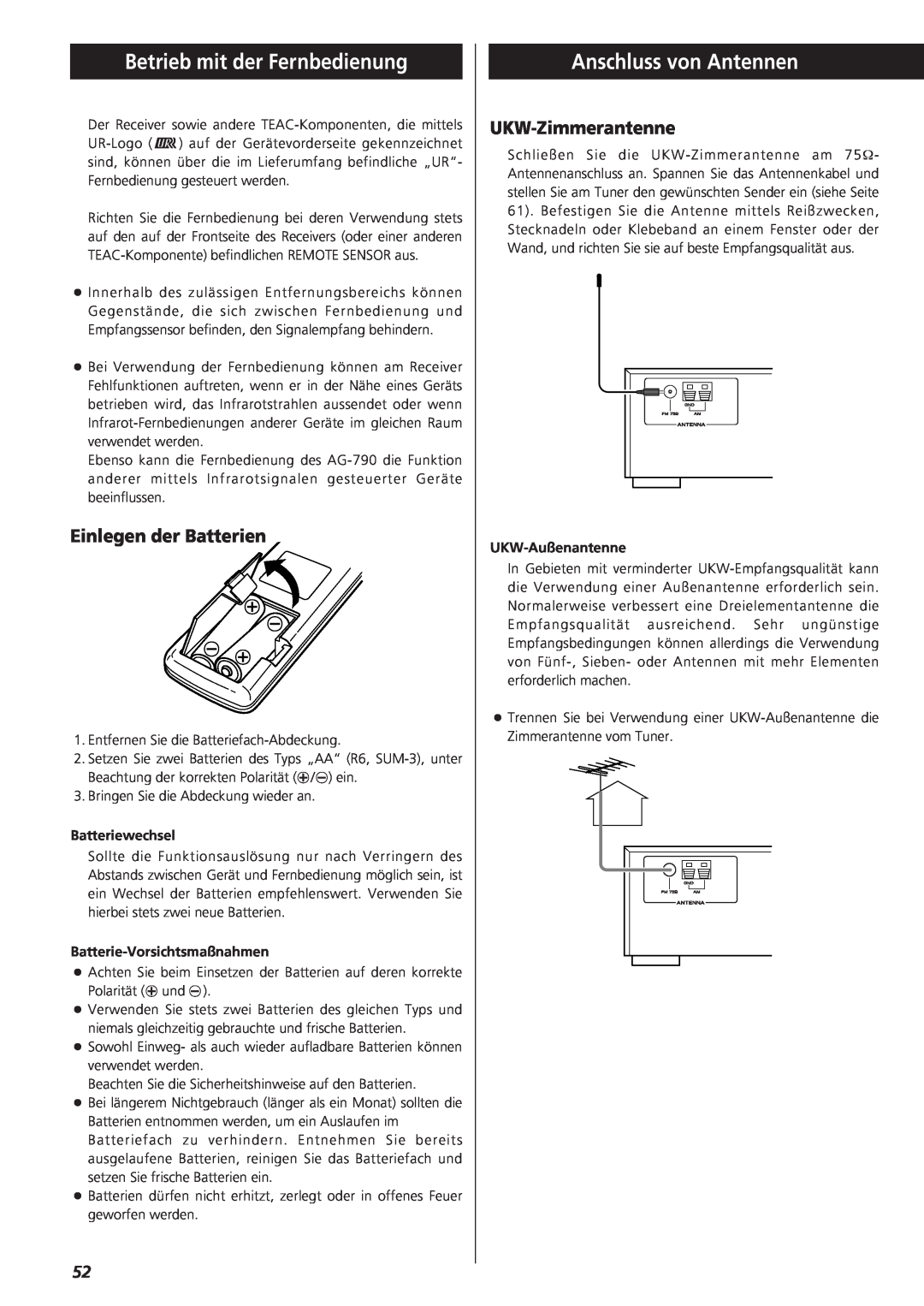 Teac AG-790 owner manual Betrieb mit der Fernbedienung, Anschluss von Antennen, Einlegen der Batterien, UKW-Zimmerantenne 