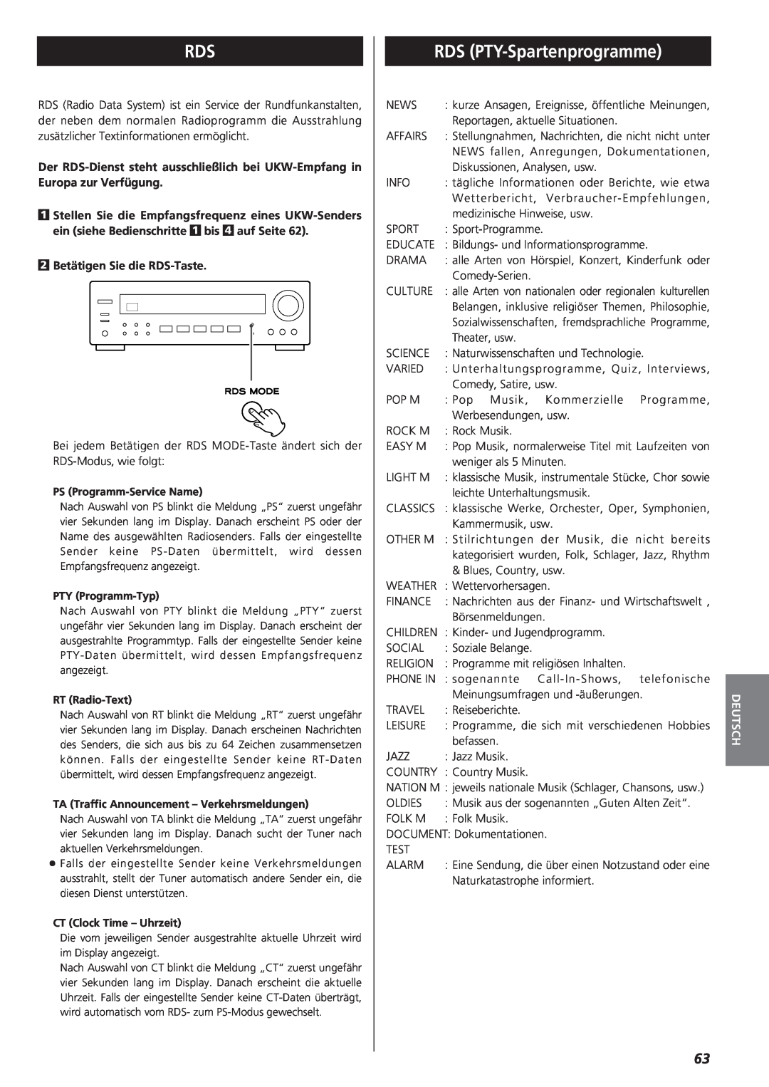 Teac AG-790 owner manual RDS PTY-Spartenprogramme, Deutsch 