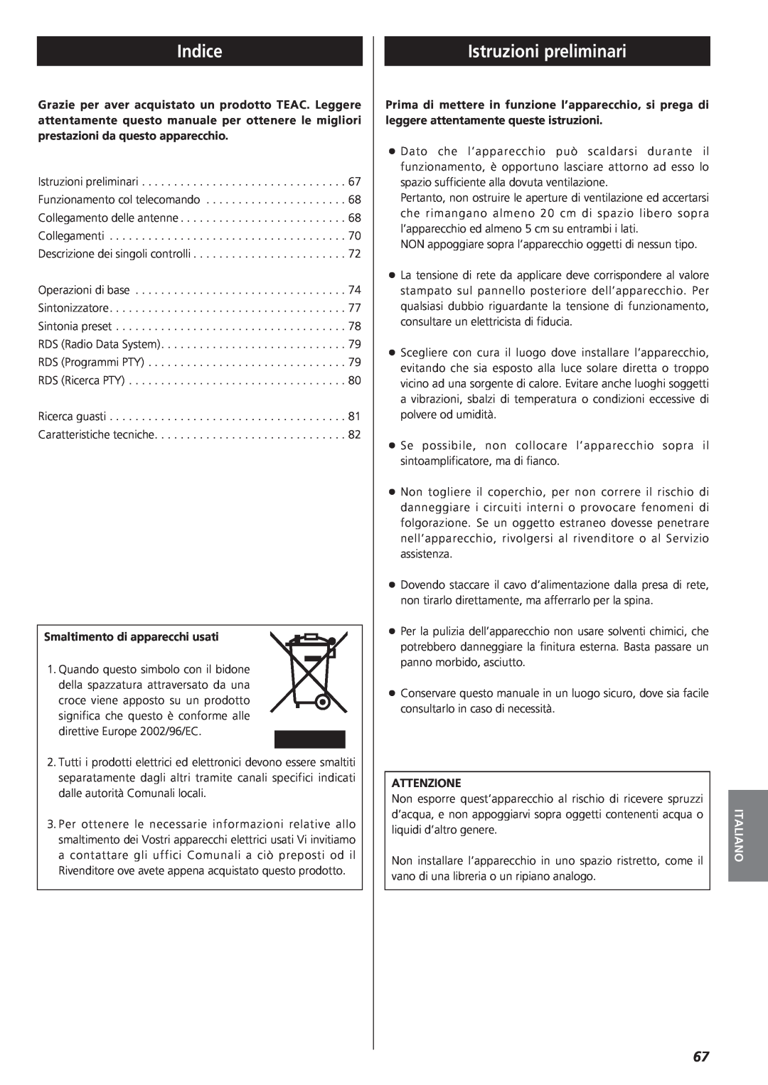Teac AG-790 owner manual Istruzioni preliminari, Italiano, Indice 