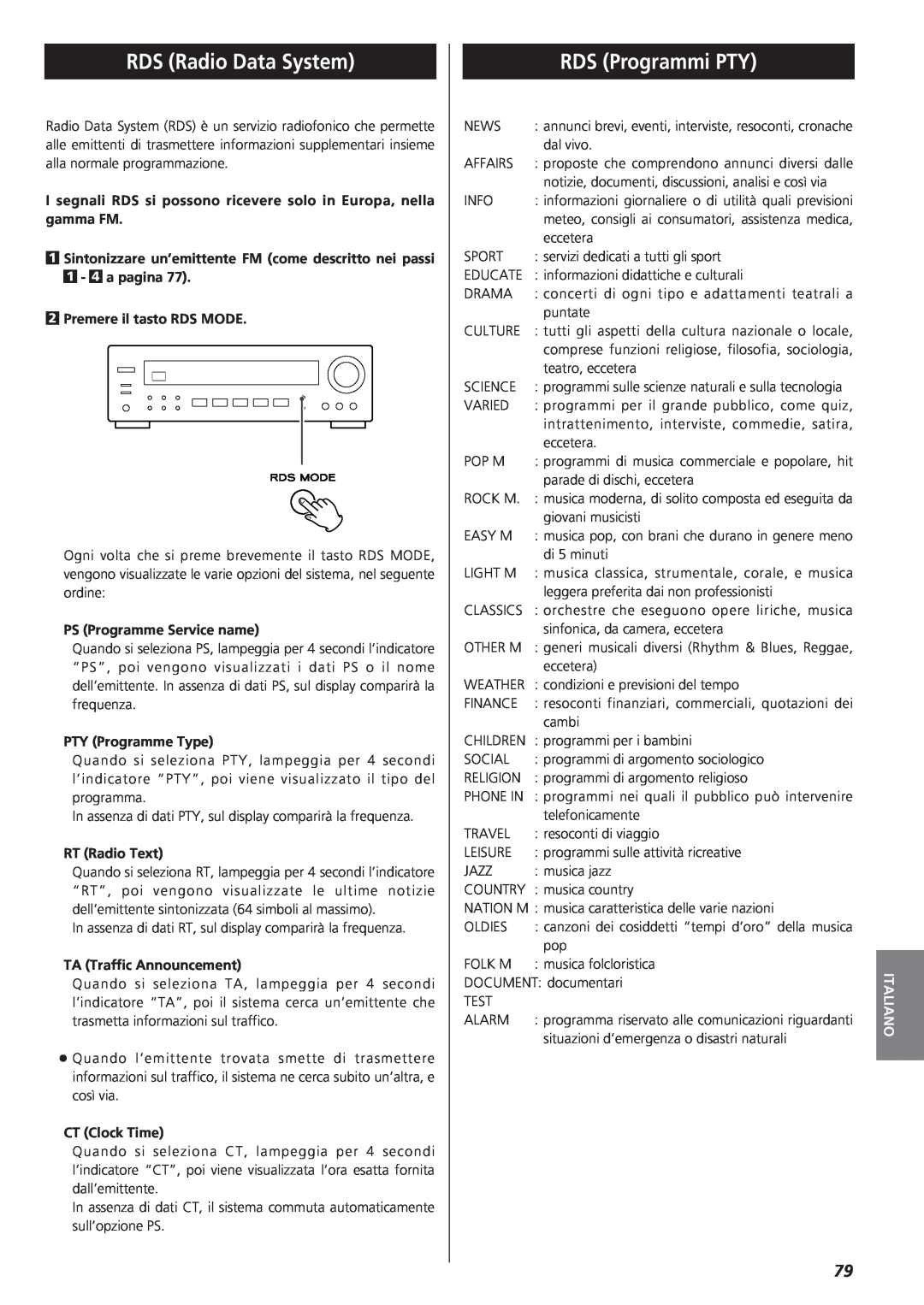 Teac AG-790 RDS Radio Data System, RDS Programmi PTY, 1- 4 a pagina 2Premere il tasto RDS MODE, PS Programme Service name 
