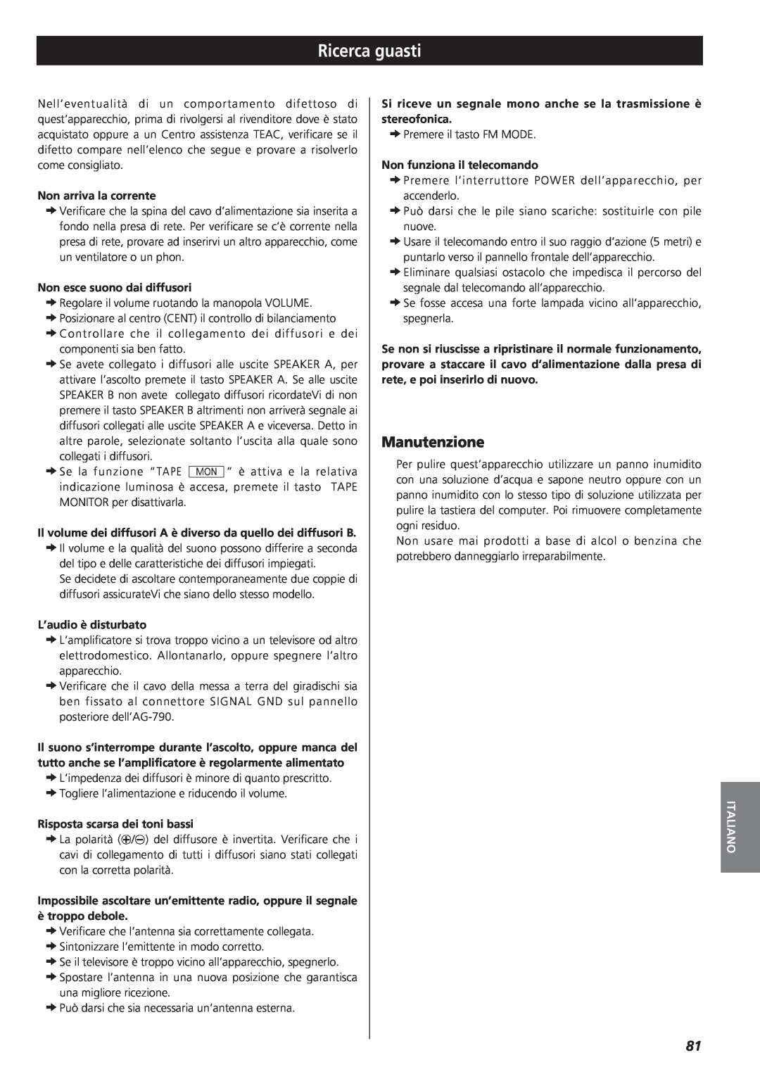 Teac AG-790 owner manual Ricerca guasti, Manutenzione, Italiano 