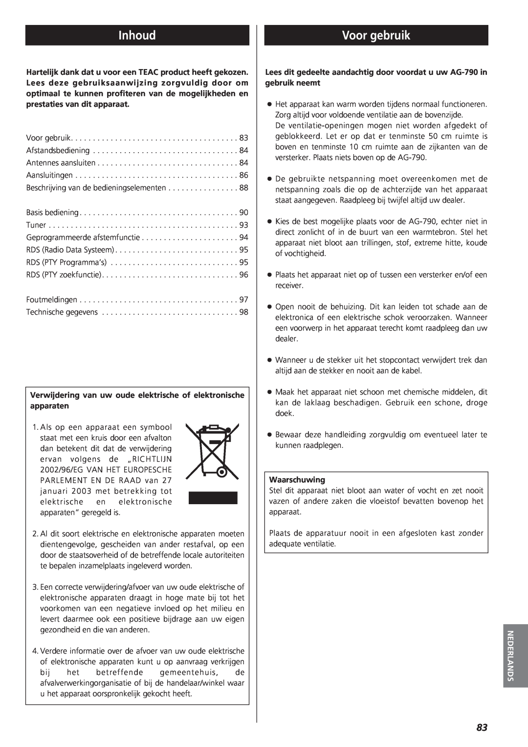 Teac AG-790 owner manual Inhoud, Voor gebruik, Nederlands 