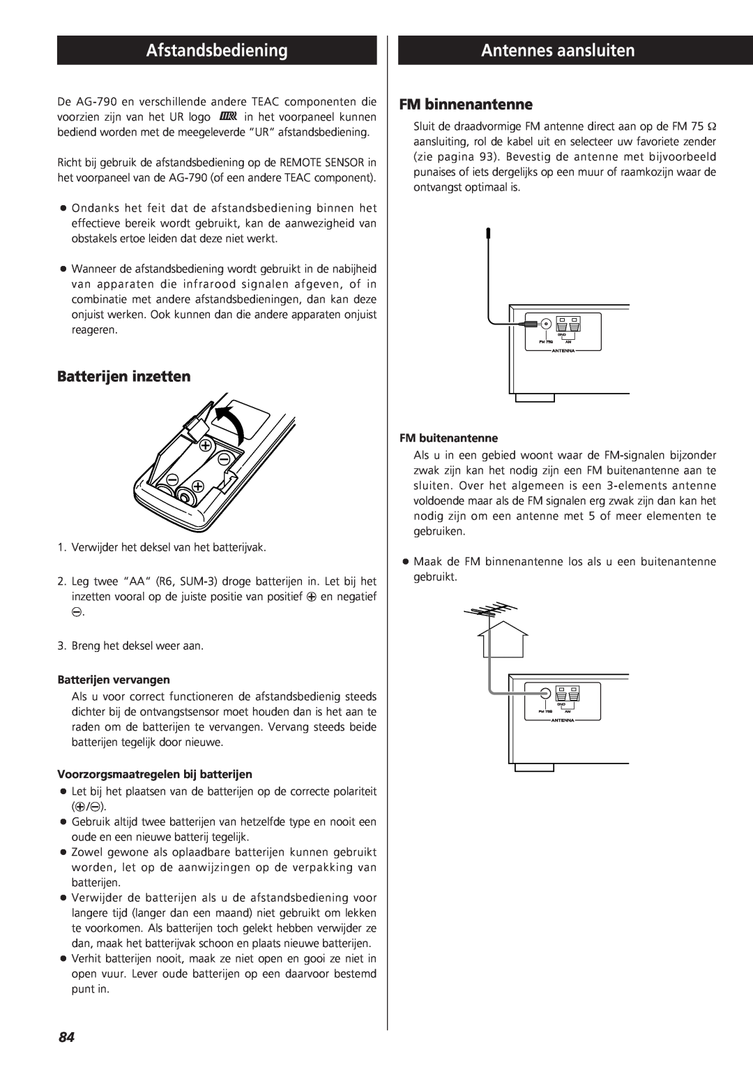 Teac AG-790 owner manual Afstandsbediening, Antennes aansluiten, Batterijen inzetten, FM binnenantenne 