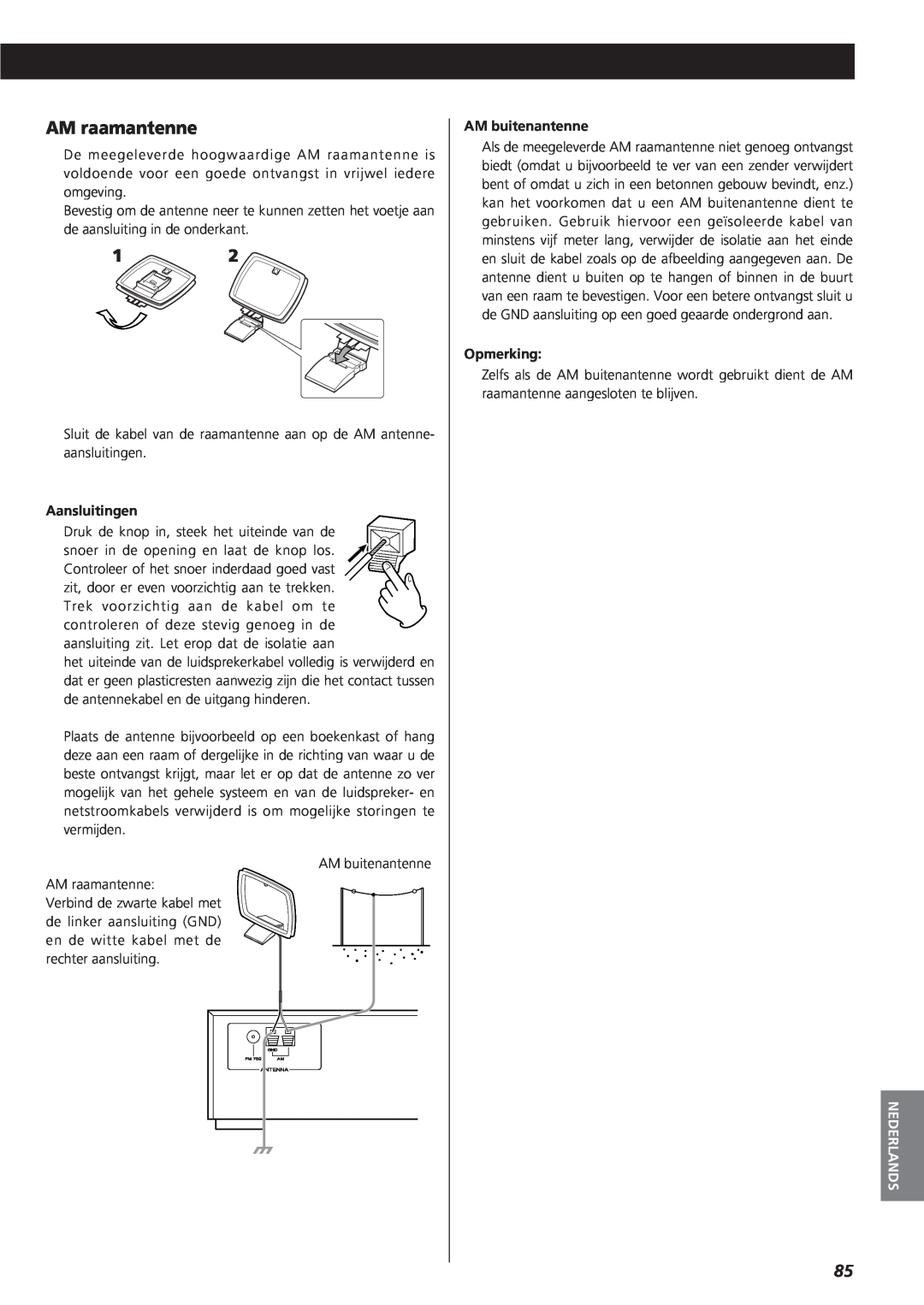 Teac AG-790 owner manual AM raamantenne, Aansluitingen, AM buitenantenne, Opmerking, Nederlands 