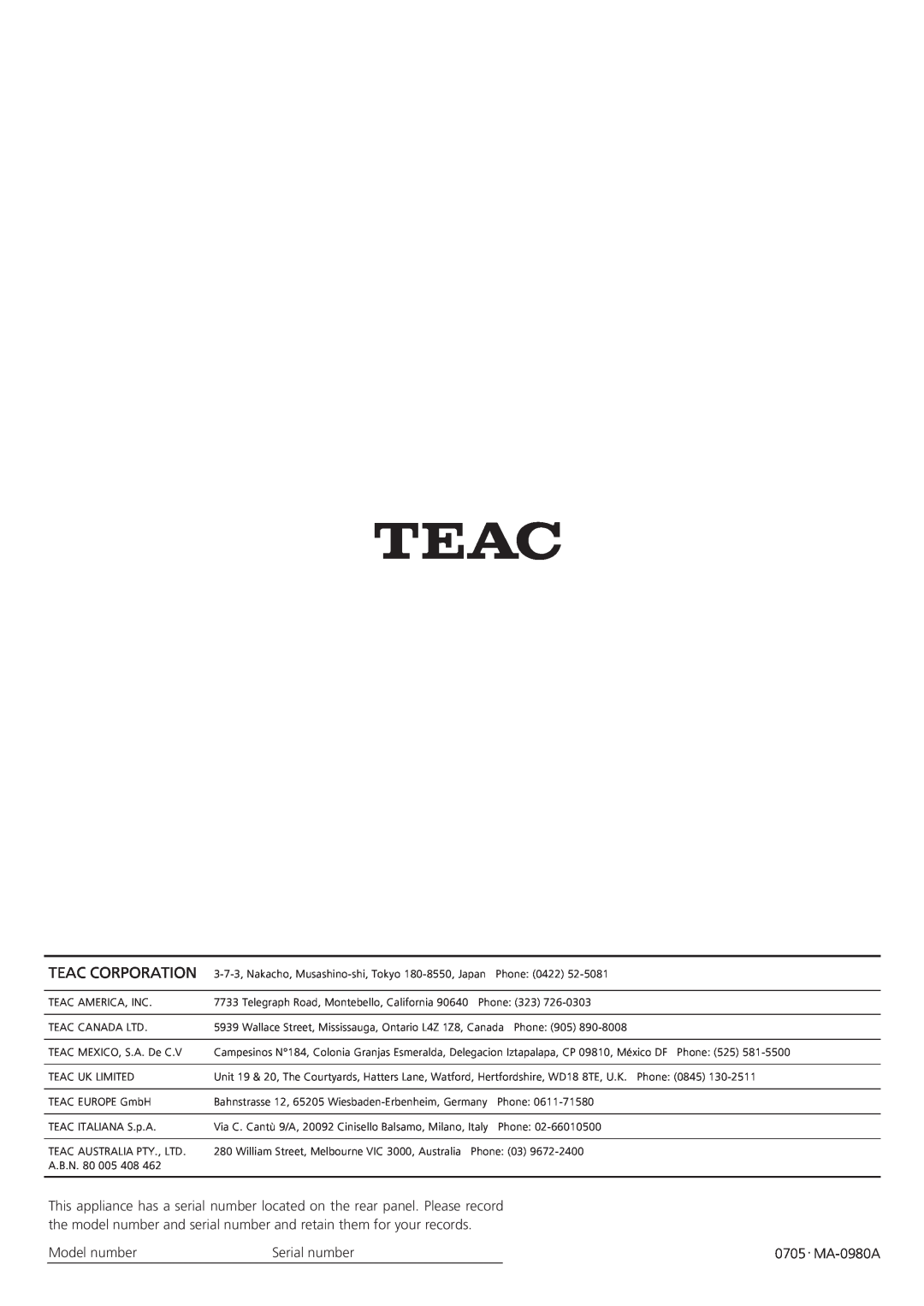 Teac AG-790 owner manual Teac Corporation, Model number, Serial number 