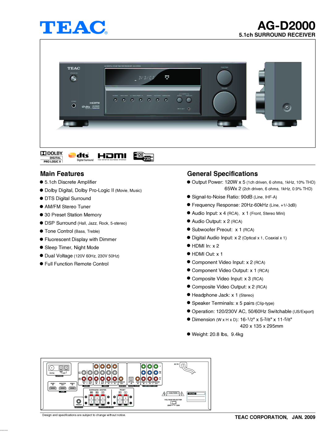 Teac AG-D2000 specifications Main Features, General Specifications 