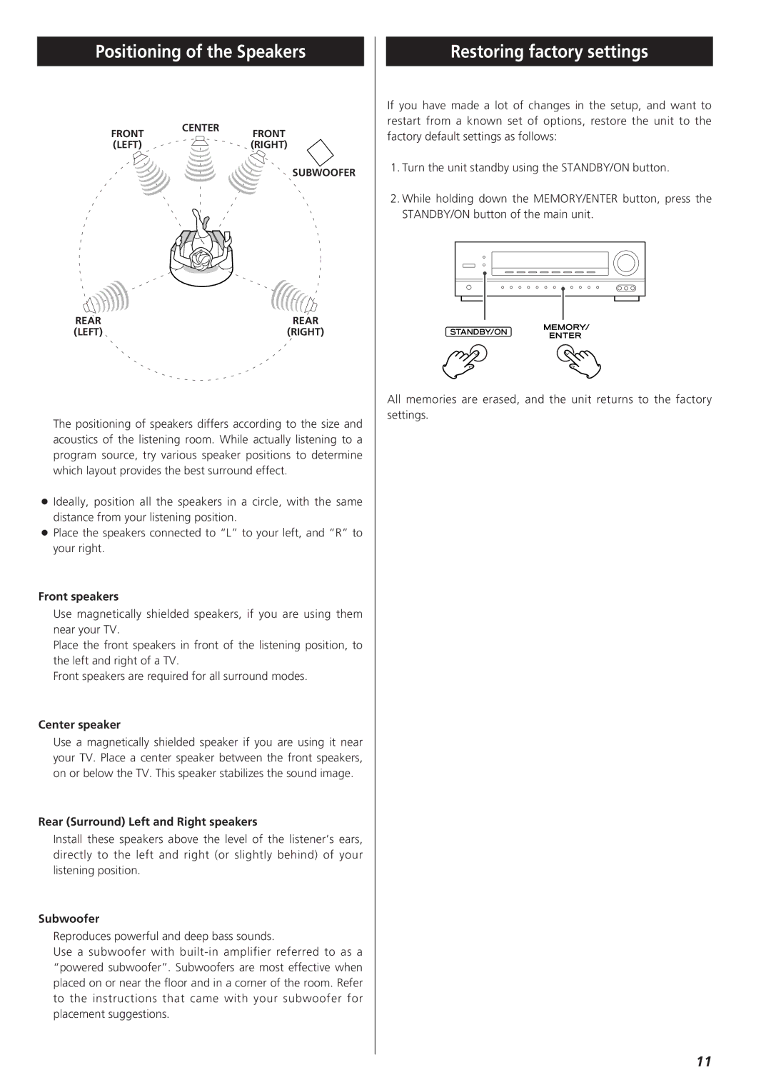 Teac AG-D8850 owner manual Positioning of the Speakers, Restoring factory settings 