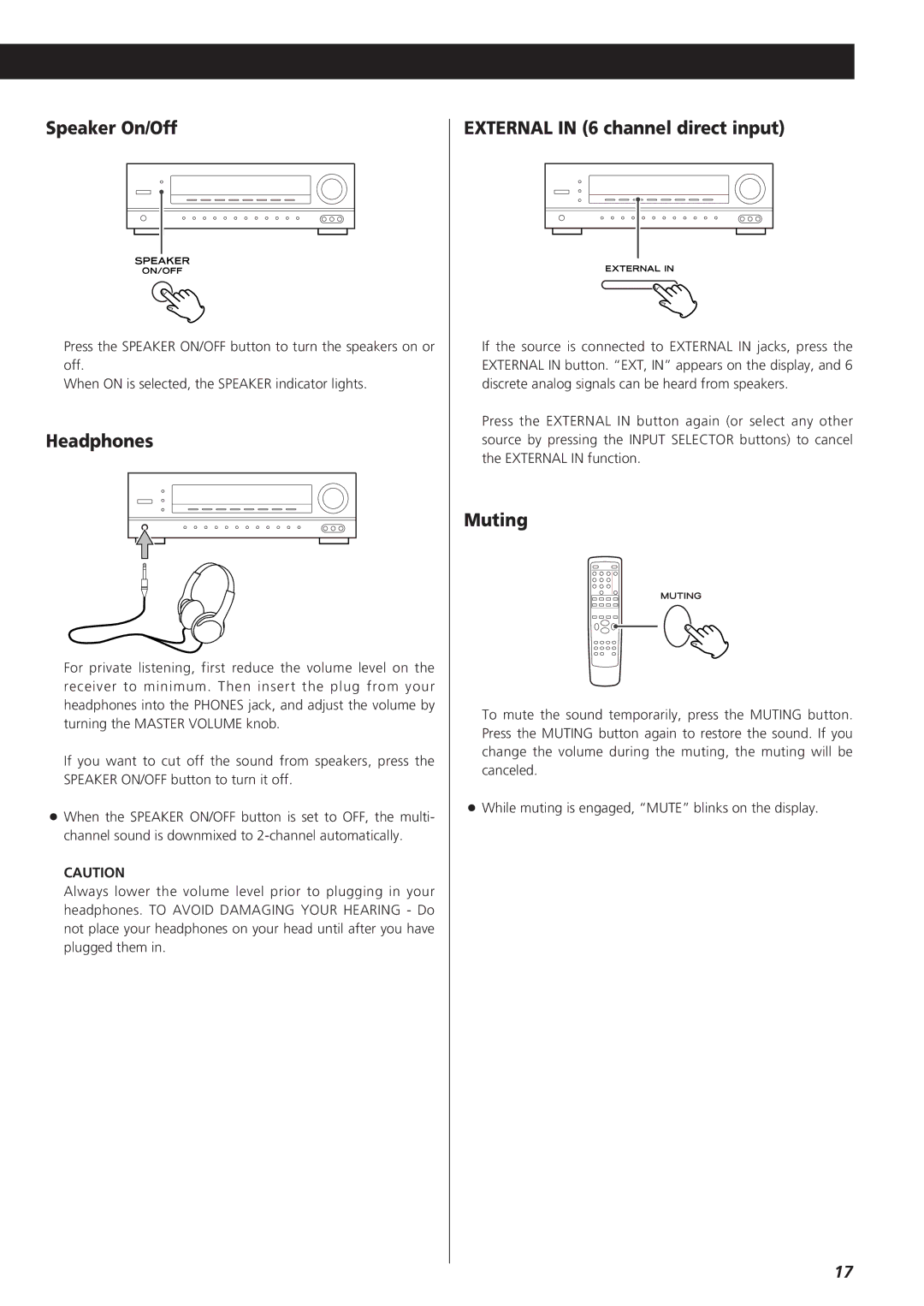 Teac AG-D8850 owner manual Speaker On/Off, Headphones, External in 6 channel direct input, Muting 