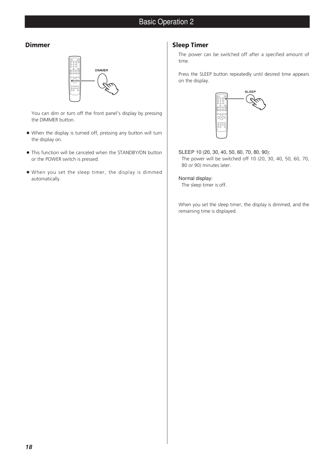 Teac AG-D8850 owner manual Dimmer, Sleep Timer, Sleep 10 20, 30, 40, 50, 60, 70, 80, Normal display 