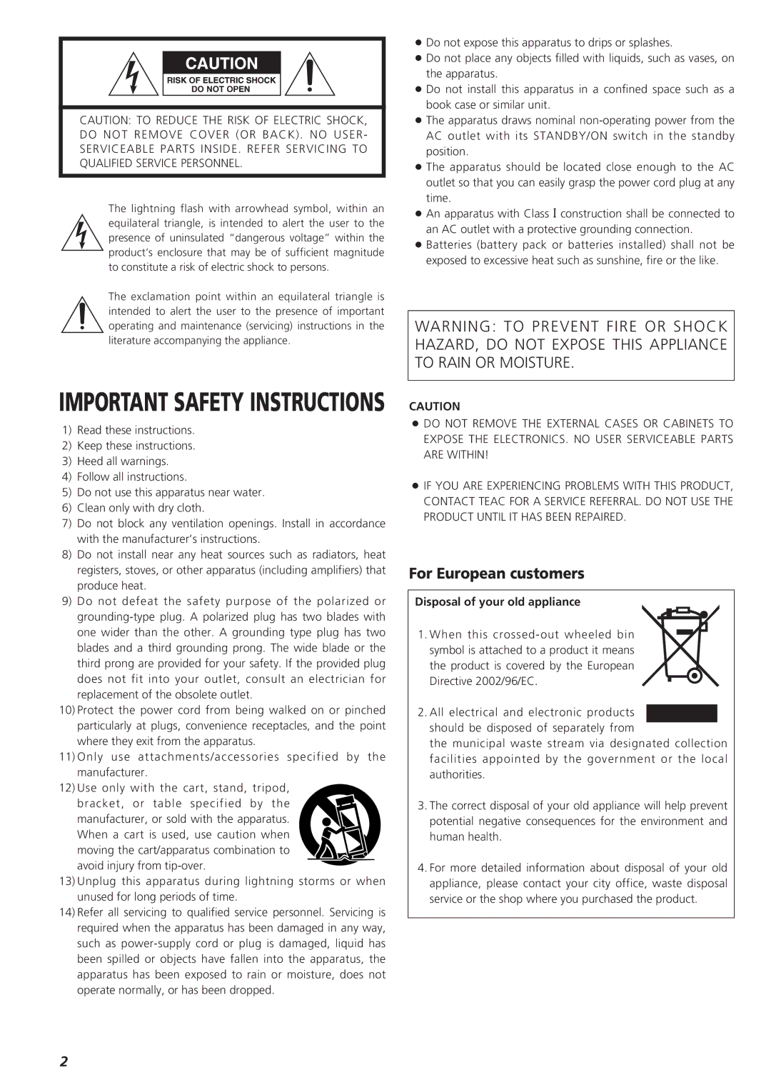 Teac AG-D8850 owner manual For European customers, Disposal of your old appliance 